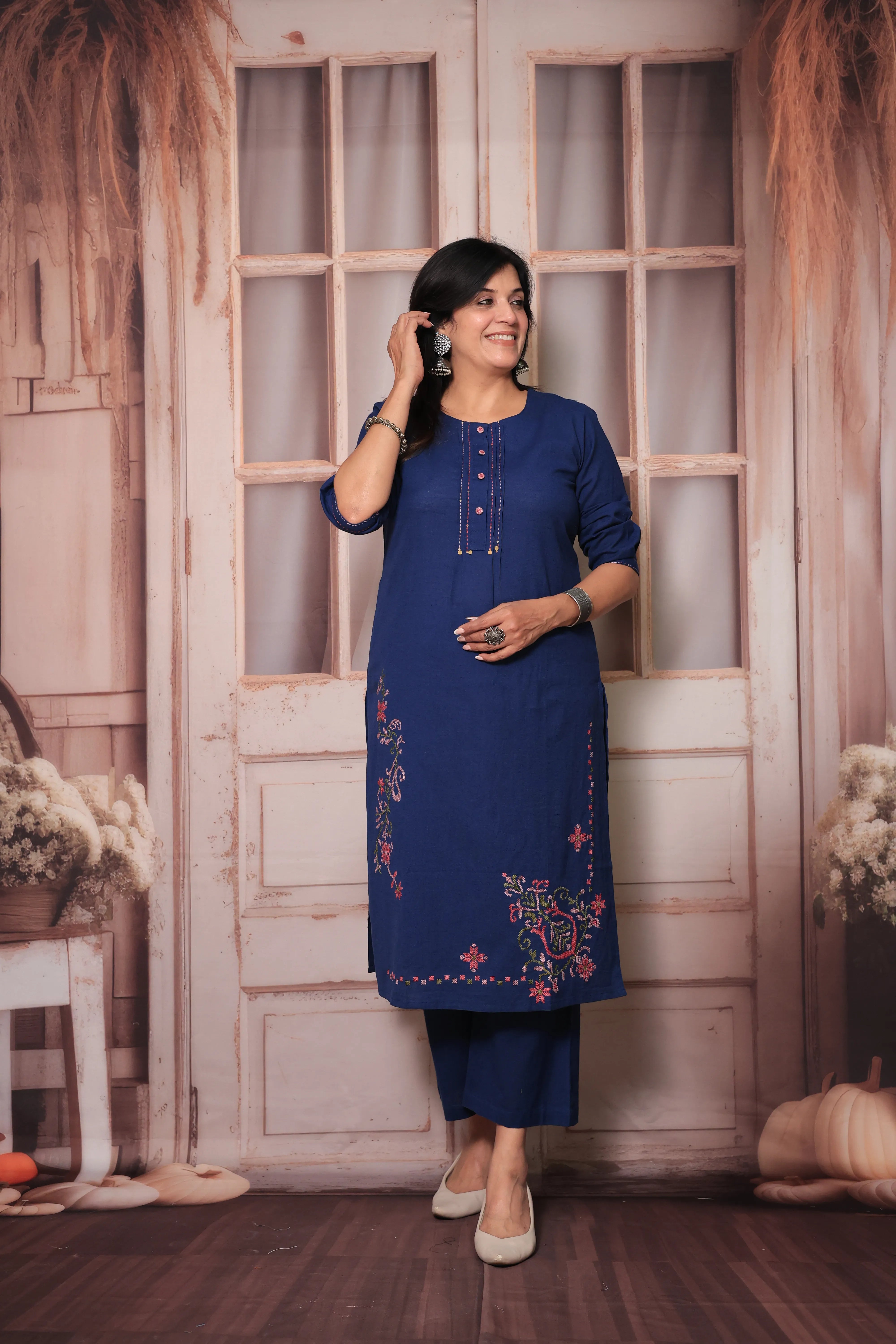 Classic Blue Straight Kurta Pant Set | Floral Thread Embroidery | Cotton Ethnic Wear