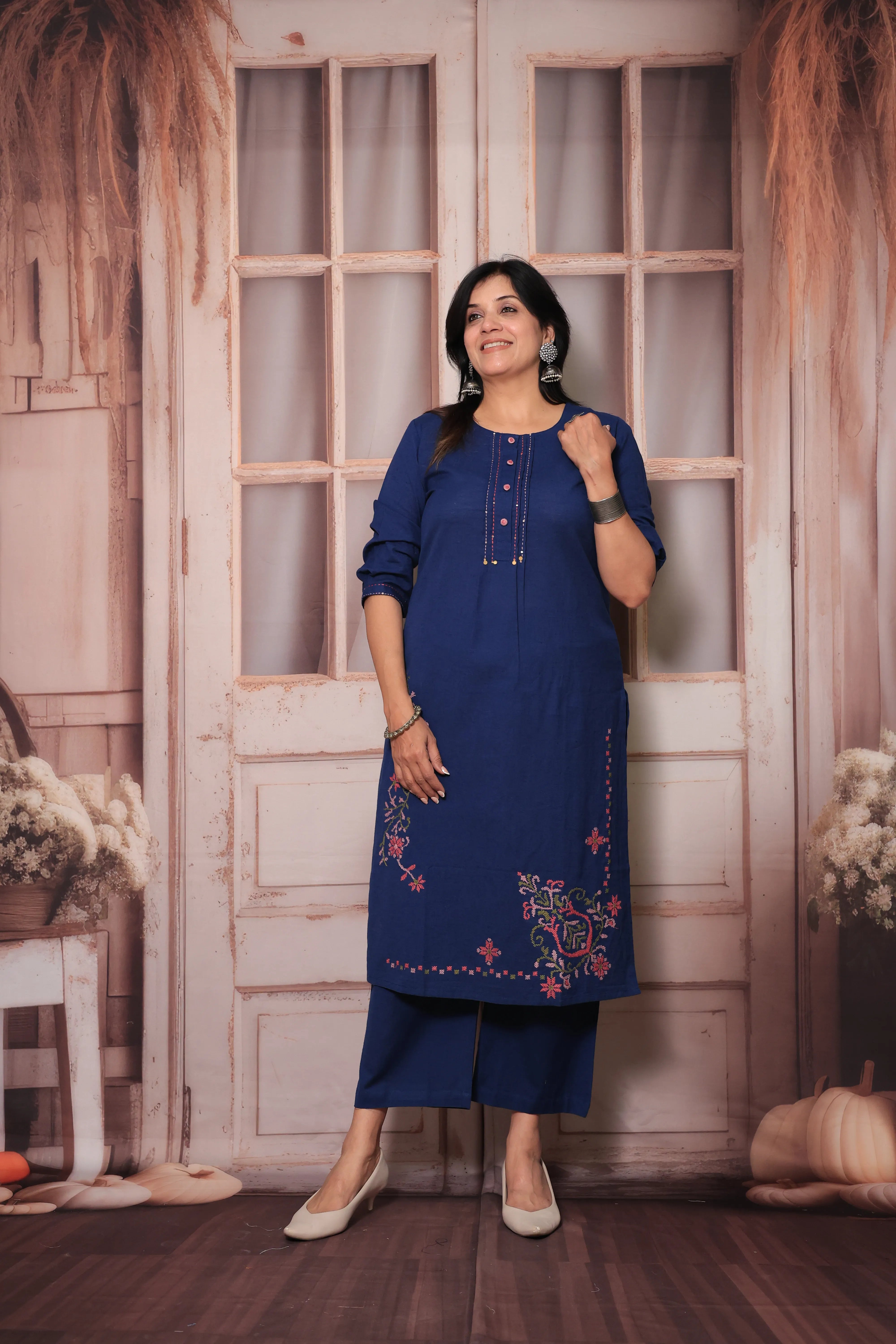 Classic Blue Straight Kurta Pant Set | Floral Thread Embroidery | Cotton Ethnic Wear