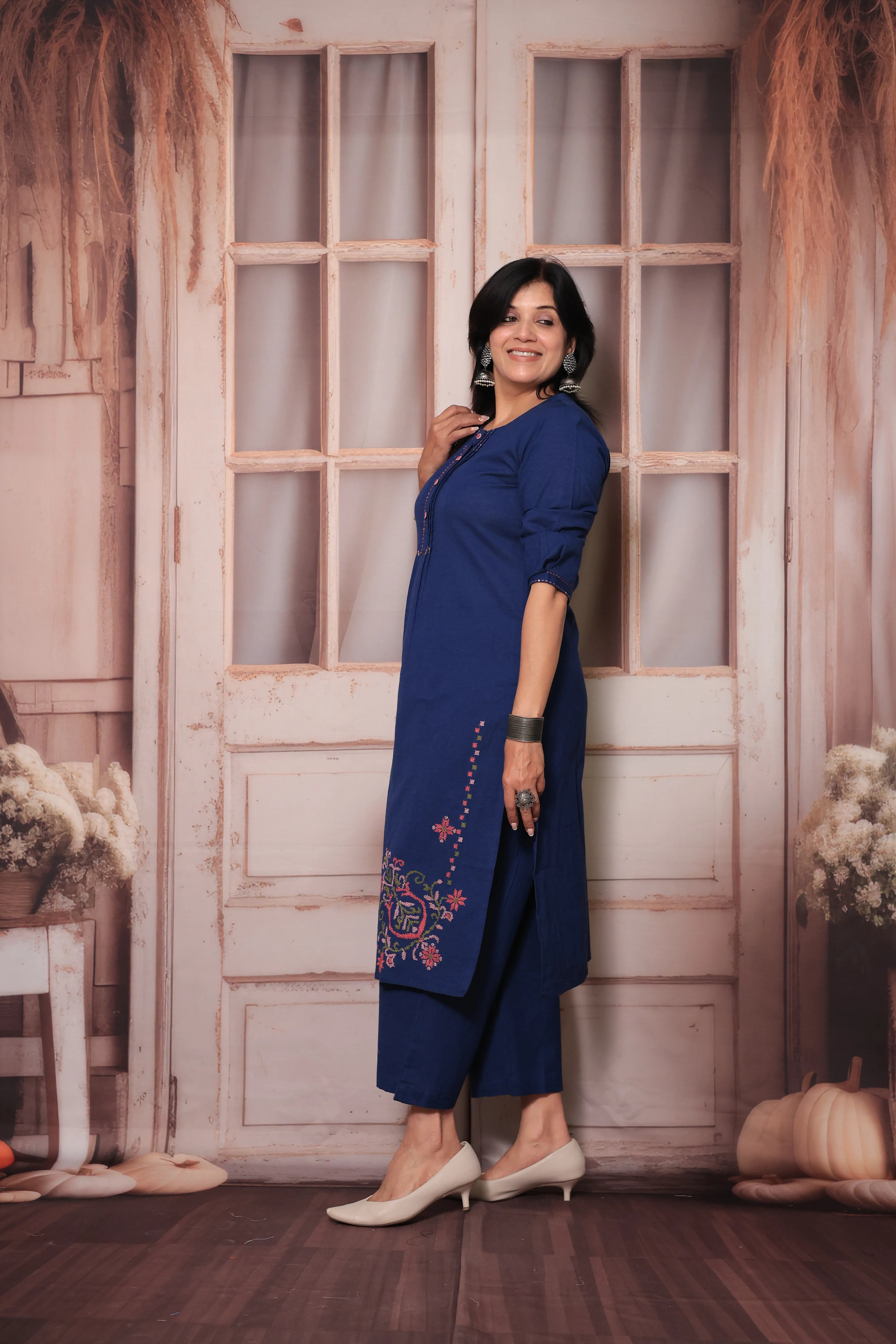 Classic Blue Straight Kurta Pant Set | Floral Thread Embroidery | Cotton Ethnic Wear