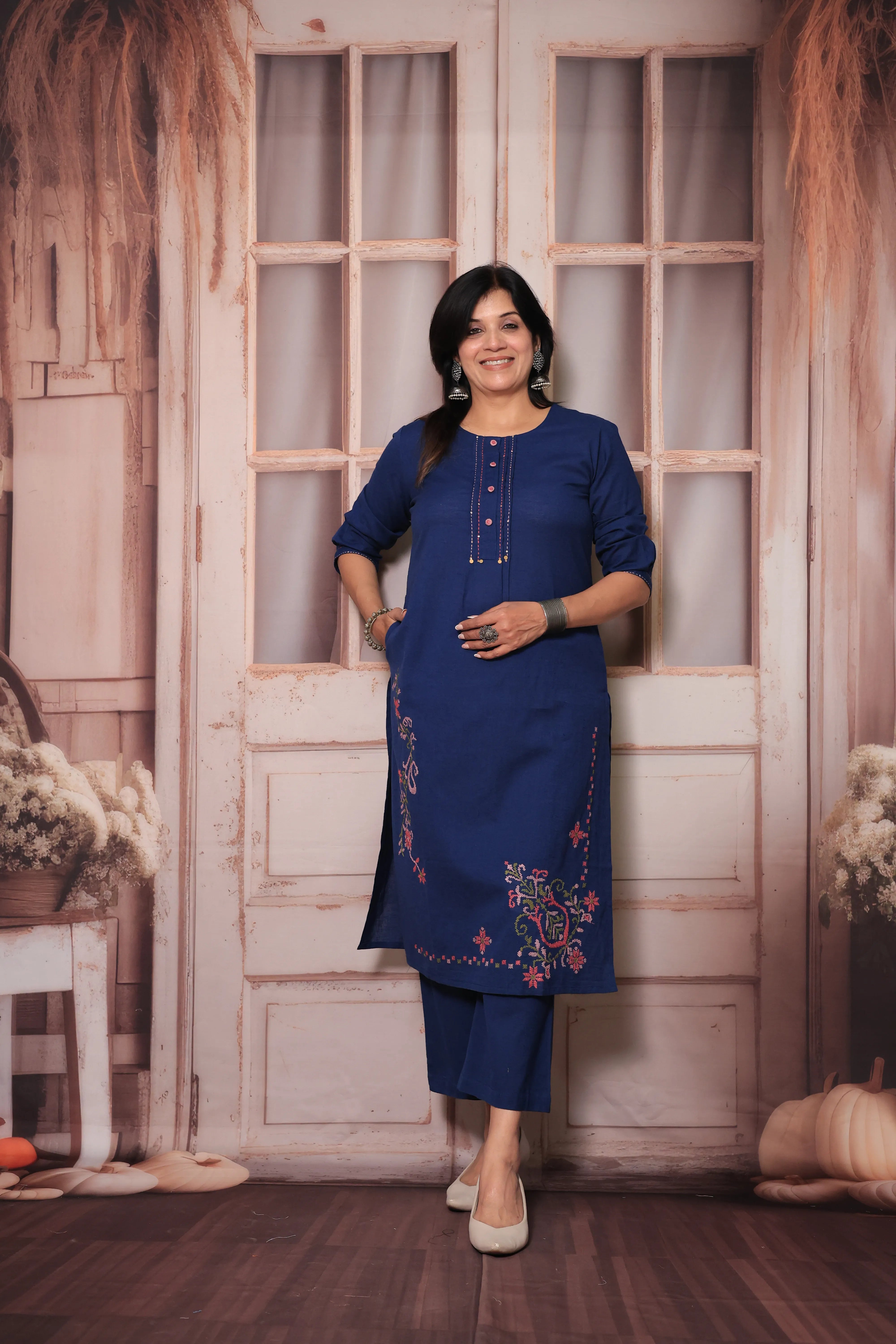 Classic Blue Straight Kurta Pant Set | Floral Thread Embroidery | Cotton Ethnic Wear