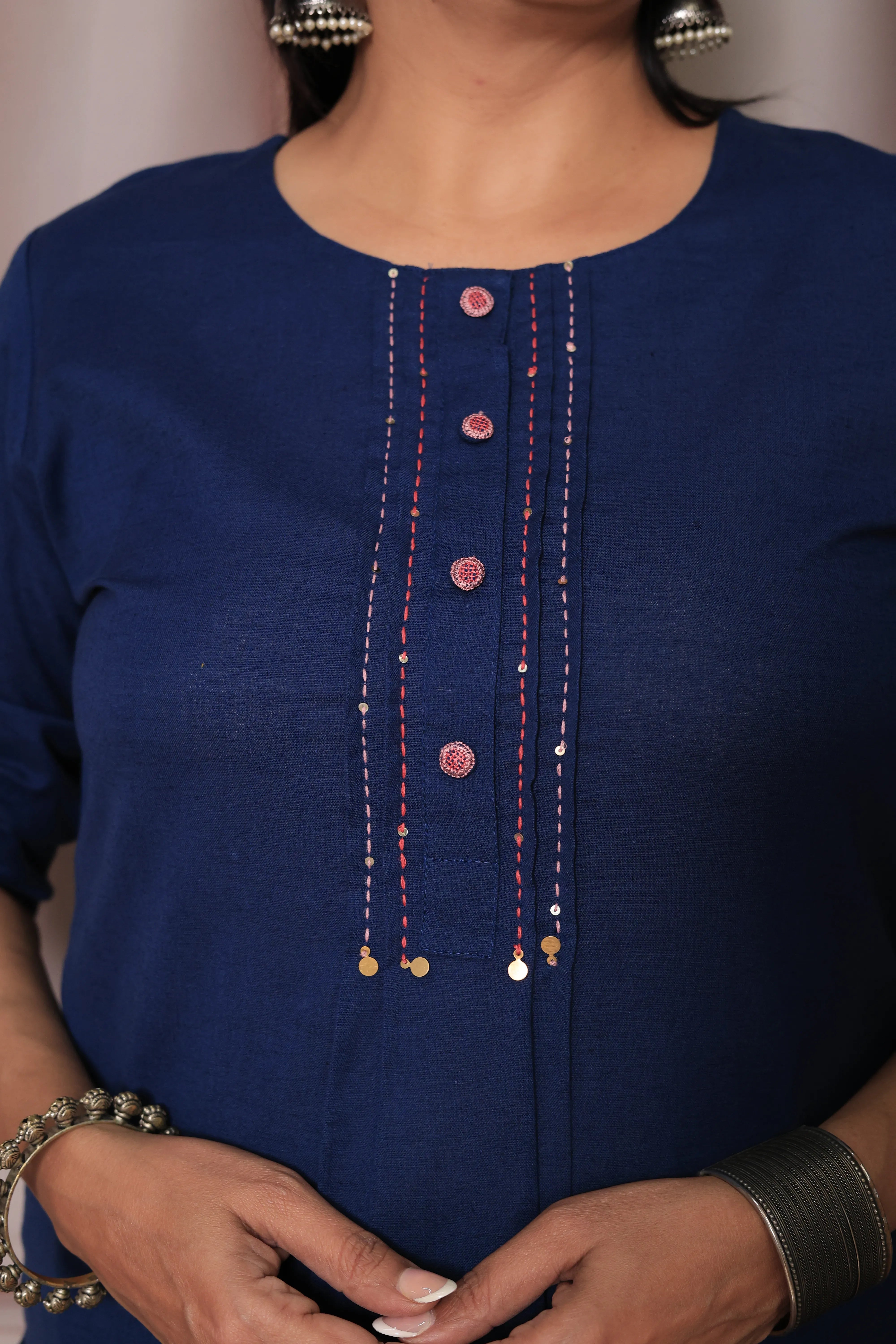 Classic Blue Straight Kurta Pant Set | Floral Thread Embroidery | Cotton Ethnic Wear