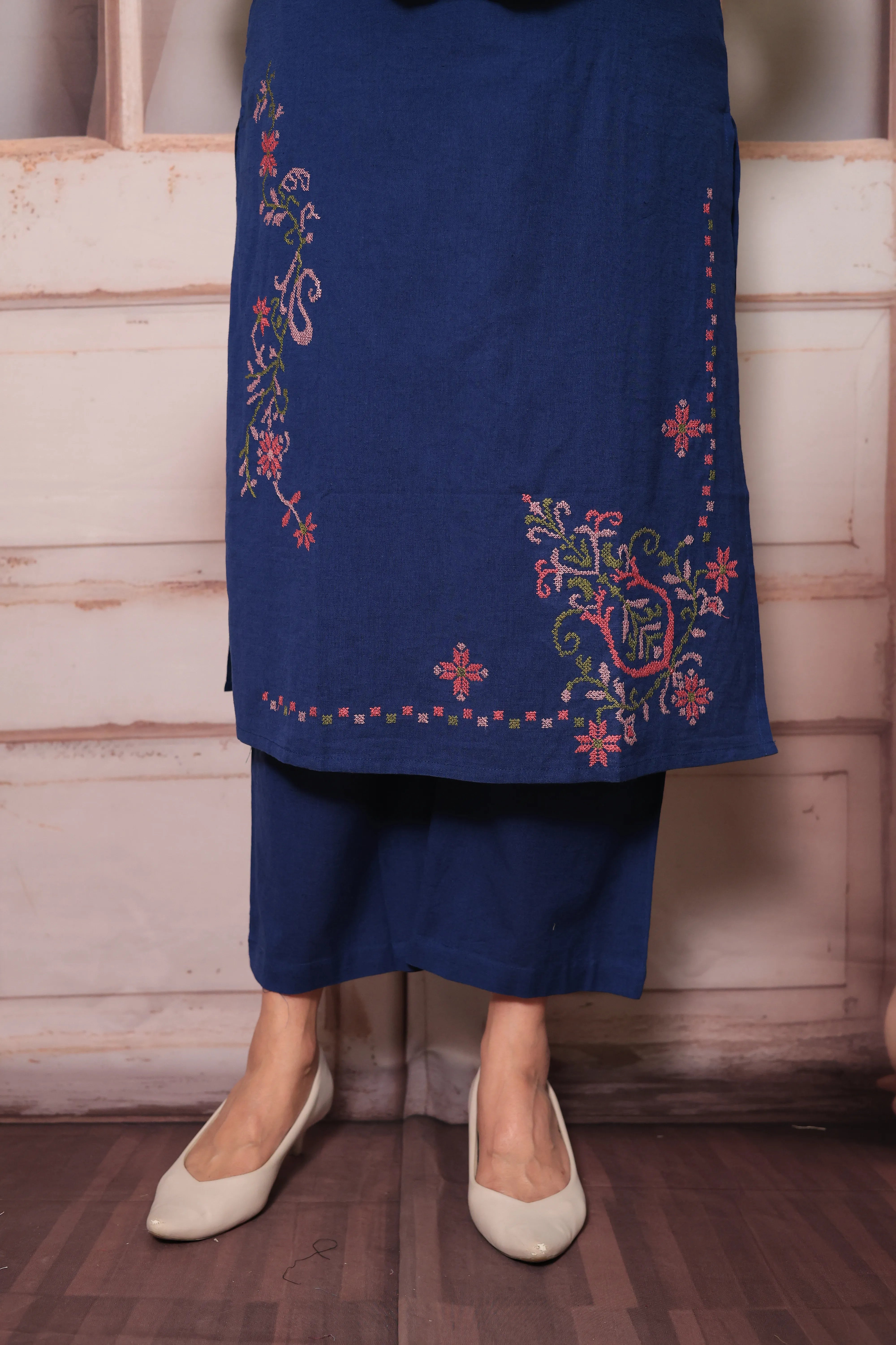 Classic Blue Straight Kurta Pant Set | Floral Thread Embroidery | Cotton Ethnic Wear