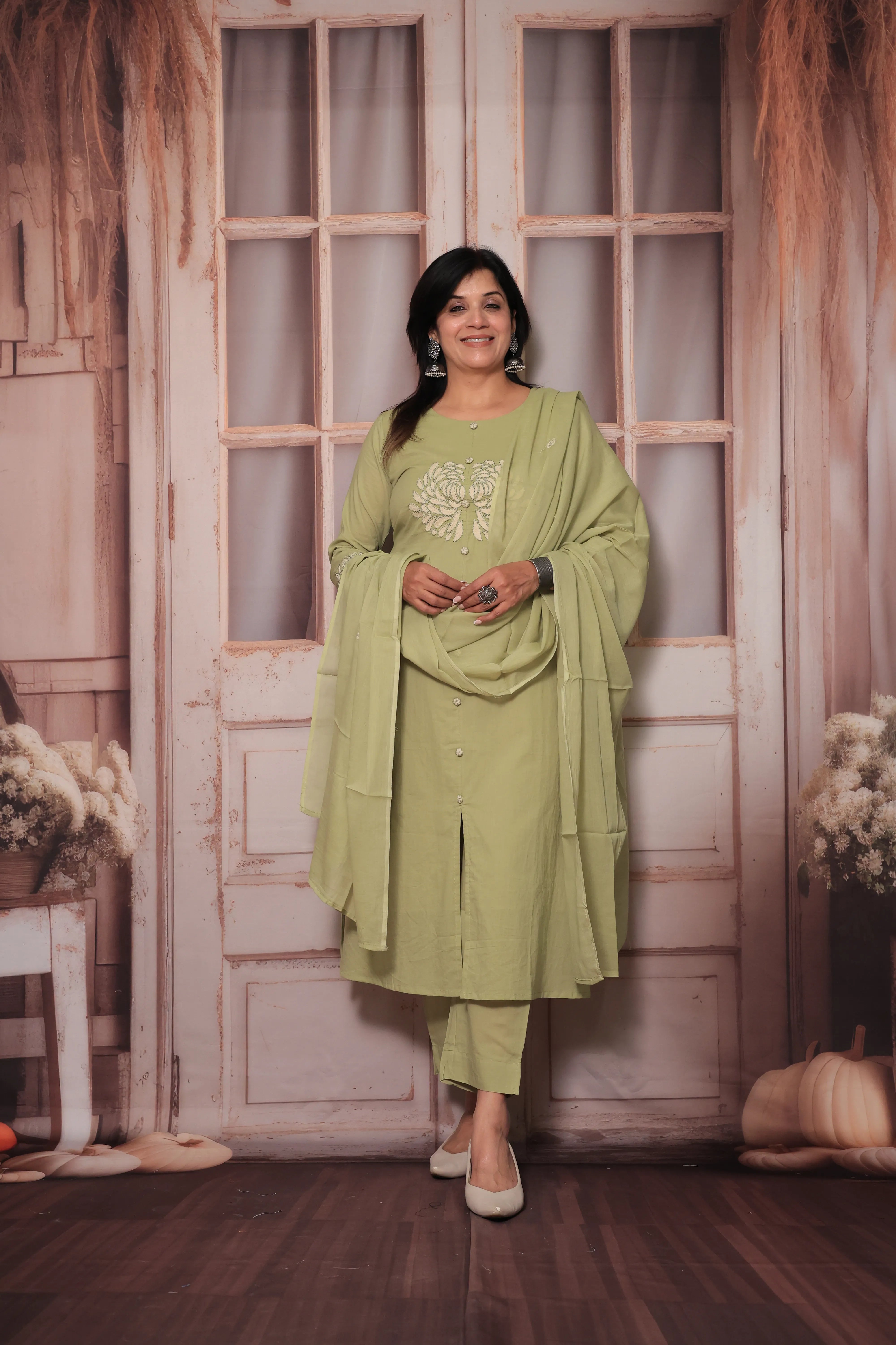 Light green  A-Line Dupatta Set | Thread Embroidery | Mulmul Cotton Ethnic Wear