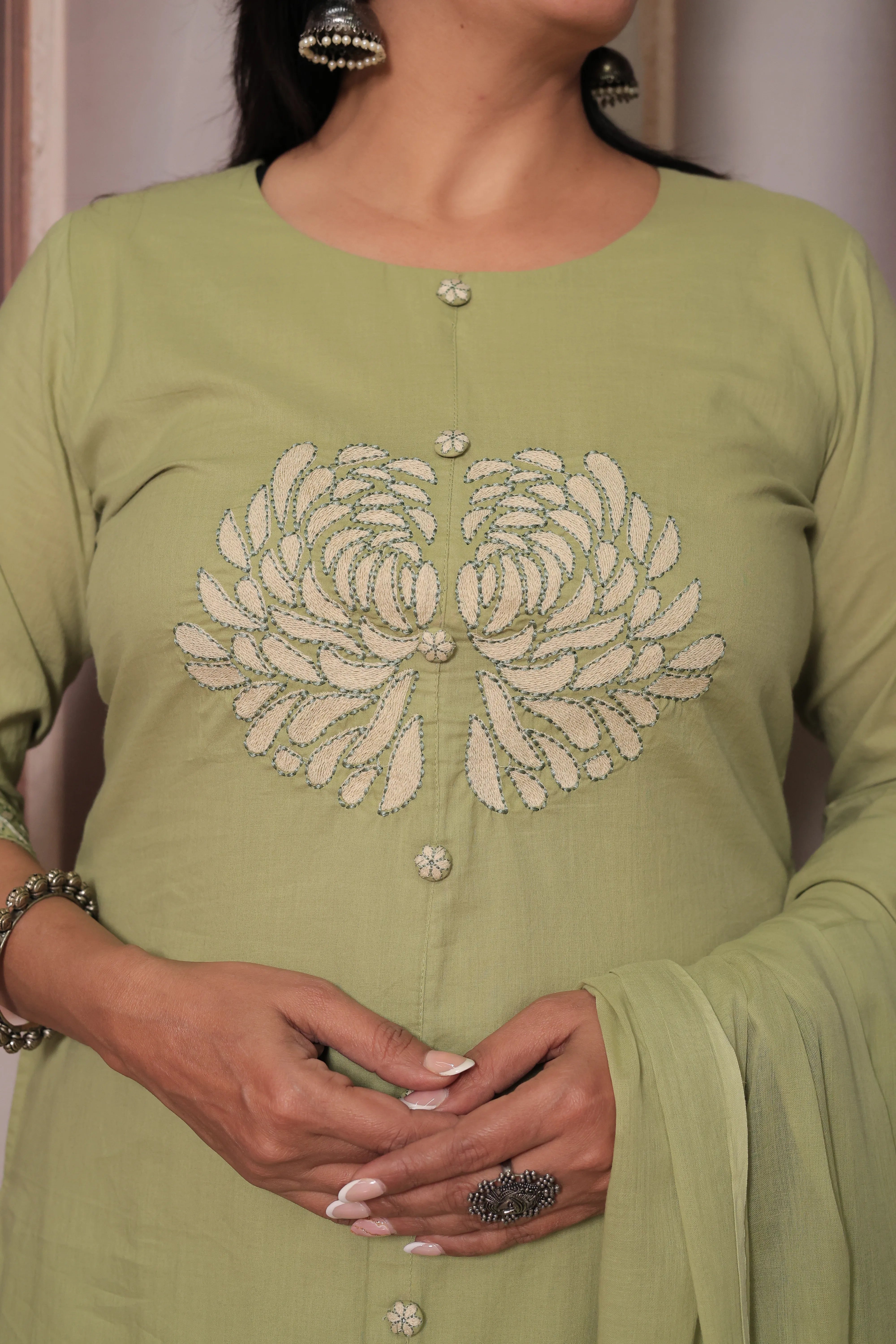 Light green  A-Line Dupatta Set | Thread Embroidery | Mulmul Cotton Ethnic Wear