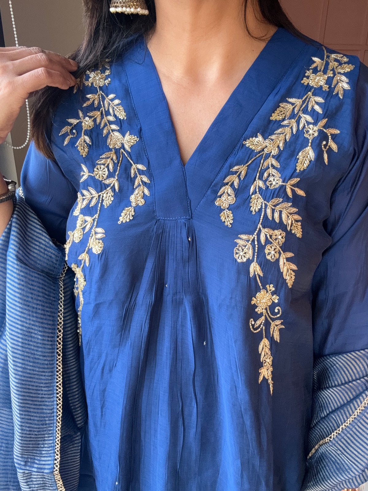 Royal Blue Yoke Embroidered A-Line Kurta Pant & Dupatta Set | Musin silk