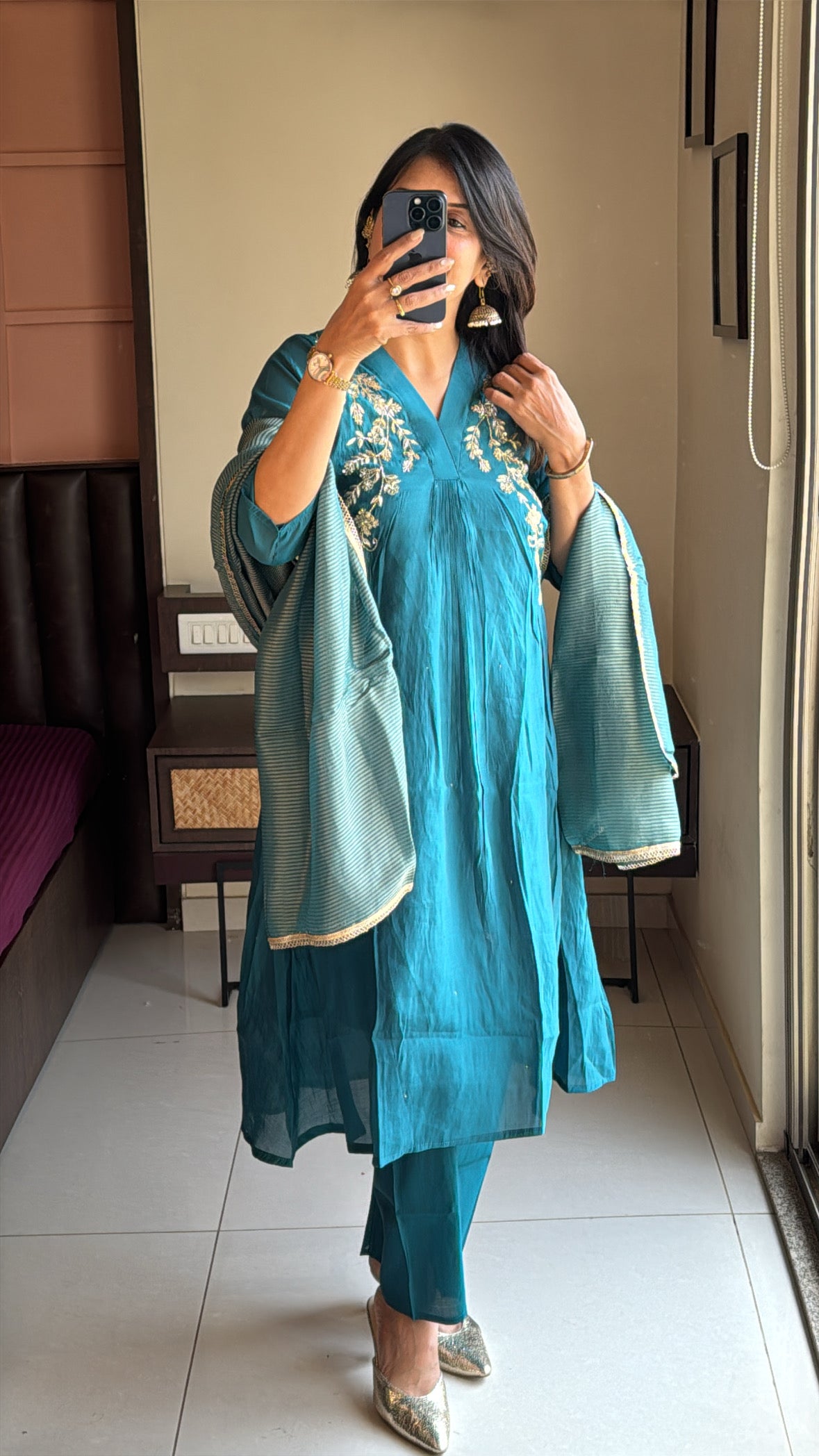 Teal Blue Yoke Embroidered A-Line Kurta Pant & Dupatta Set | Pure Muslin Silk