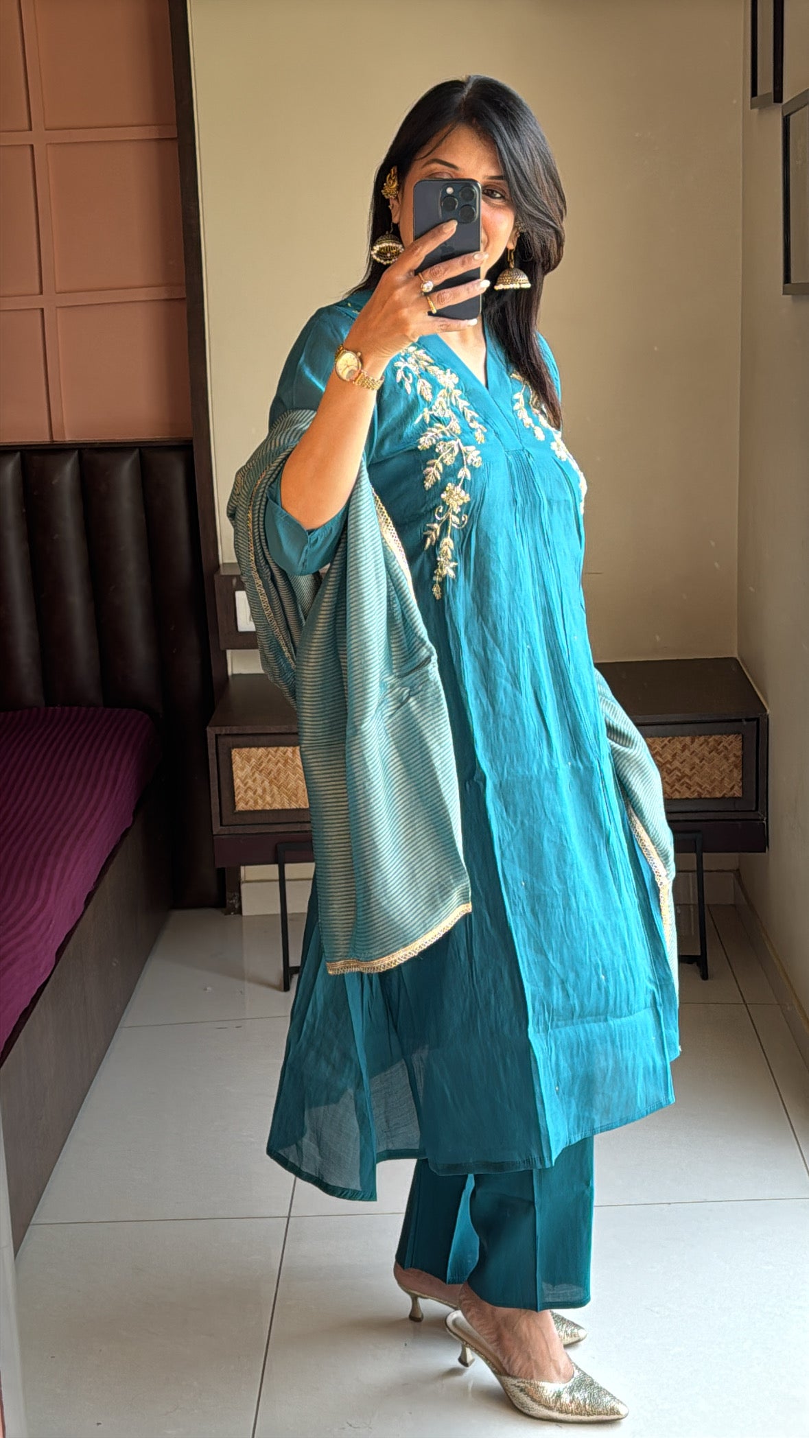 Teal Blue Yoke Embroidered A-Line Kurta Pant & Dupatta Set | Pure Muslin Silk