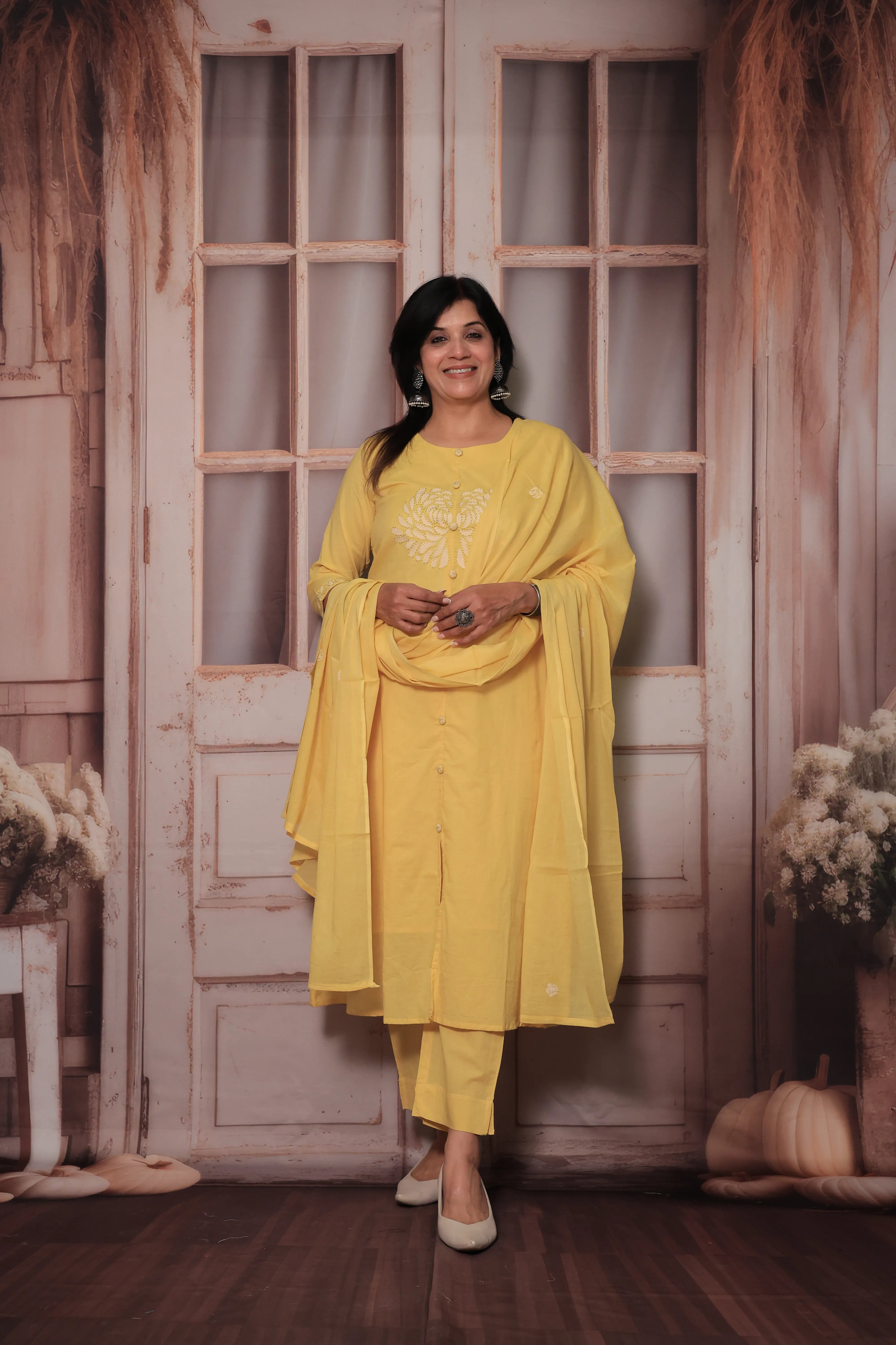Yellow A-Line Dupatta Set | Thread Embroidery | Mulmul Cotton Ethnic Wear