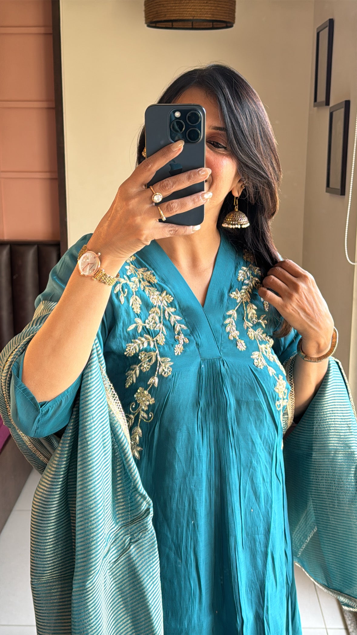 Teal Blue Yoke Embroidered A-Line Kurta Pant & Dupatta Set | Pure Muslin Silk