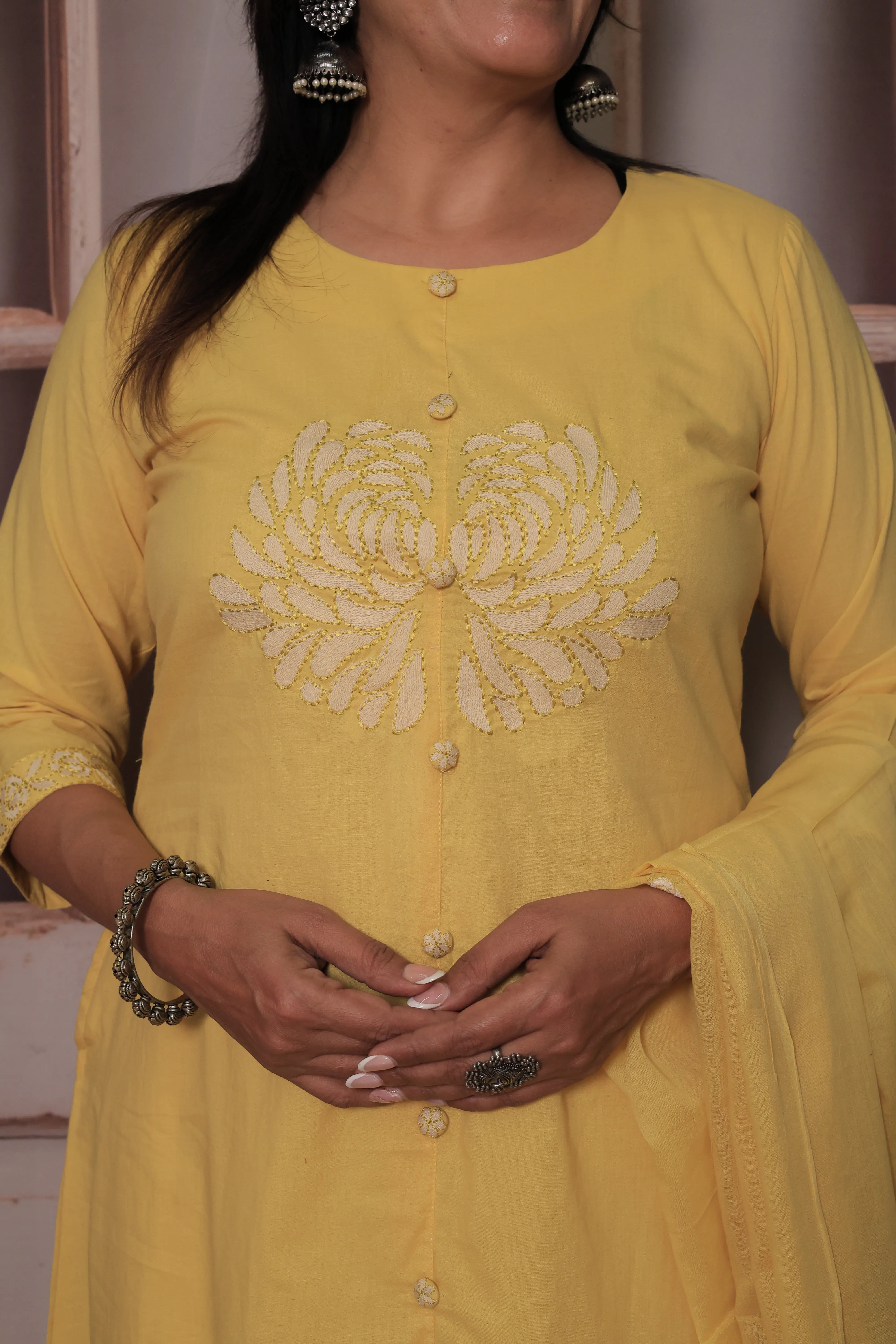 Yellow A-Line Dupatta Set | Thread Embroidery | Mulmul Cotton Ethnic Wear