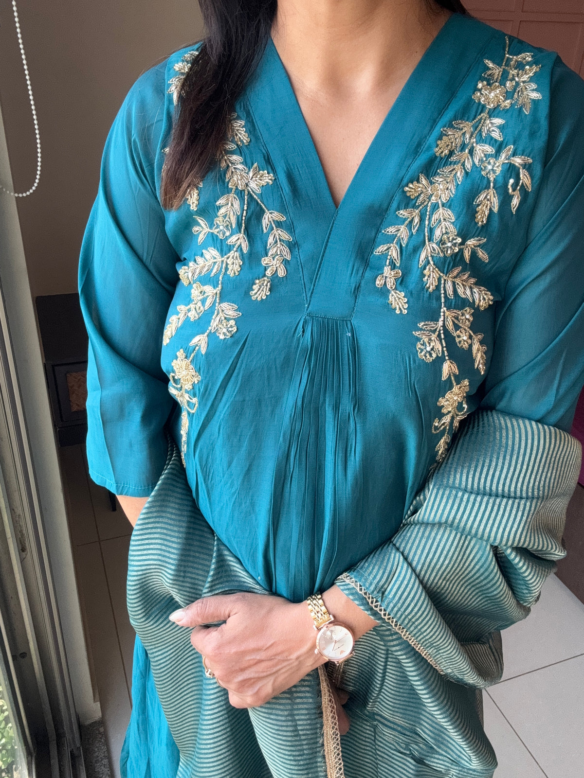 Teal Blue Yoke Embroidered A-Line Kurta Pant & Dupatta Set | Pure Muslin Silk