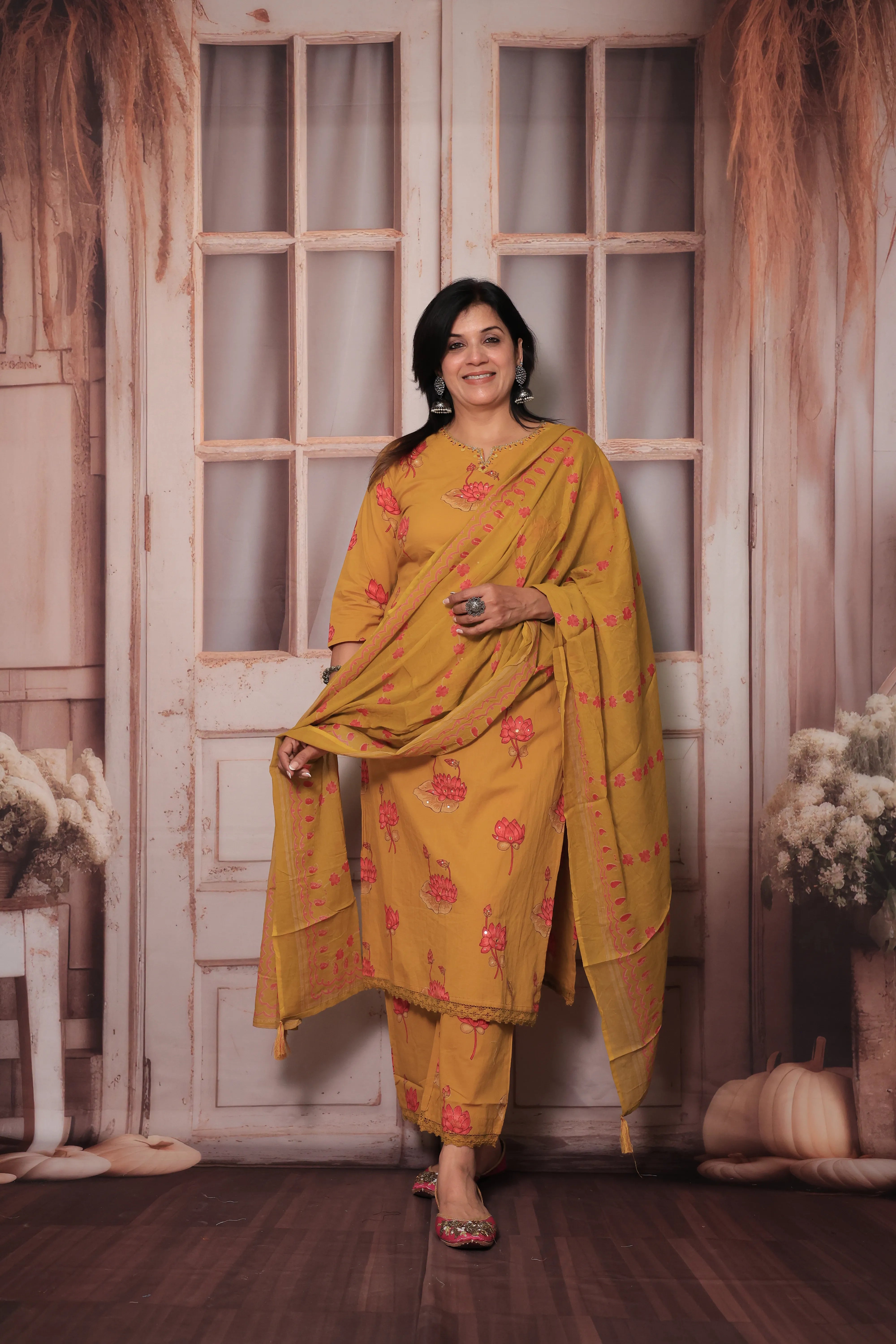 Mustard Yoke Embroidered Kurta Pant Set with Dupatta | Sequin Work & Floral Print