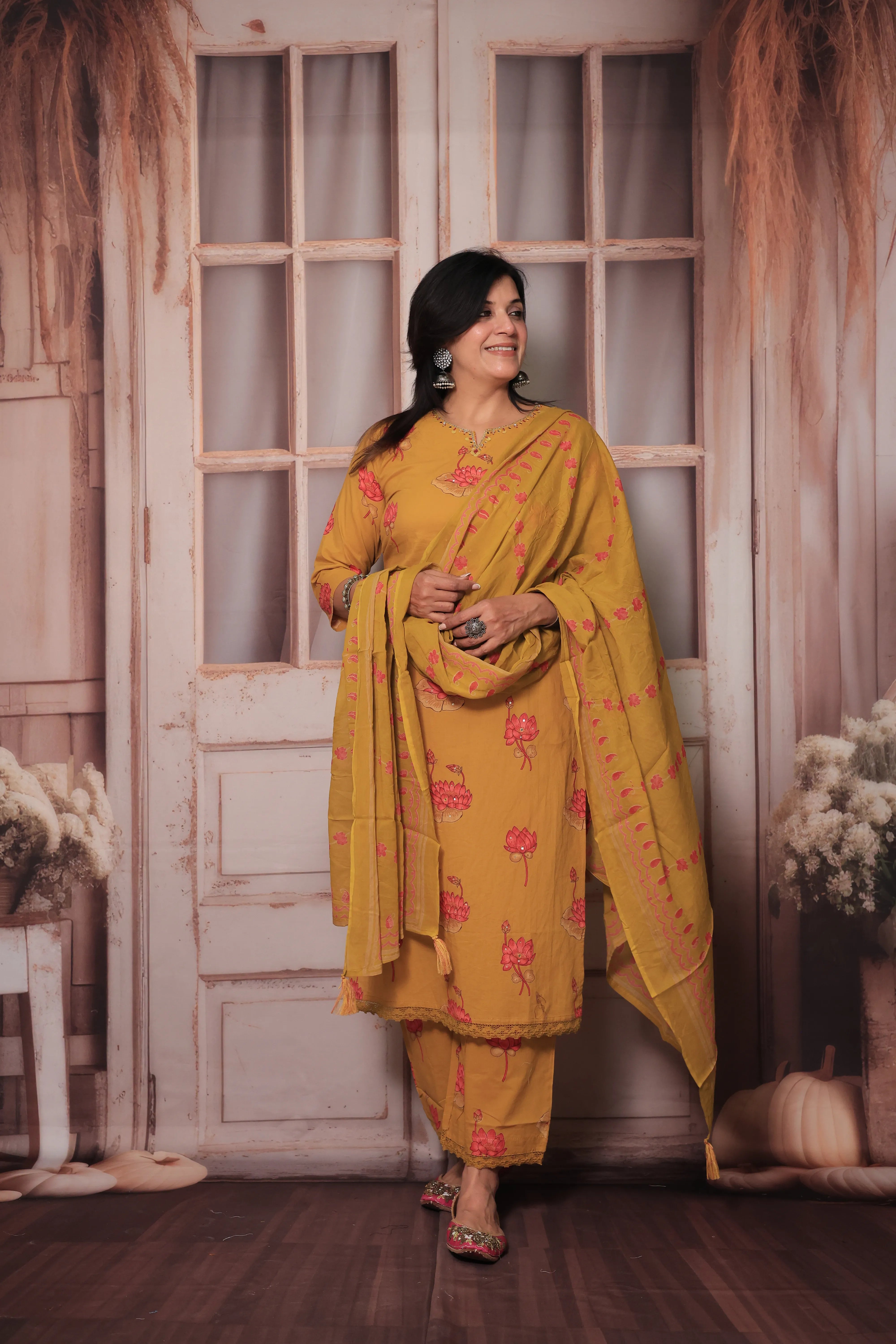 Mustard Yoke Embroidered Kurta Pant Set with Dupatta | Sequin Work & Floral Print