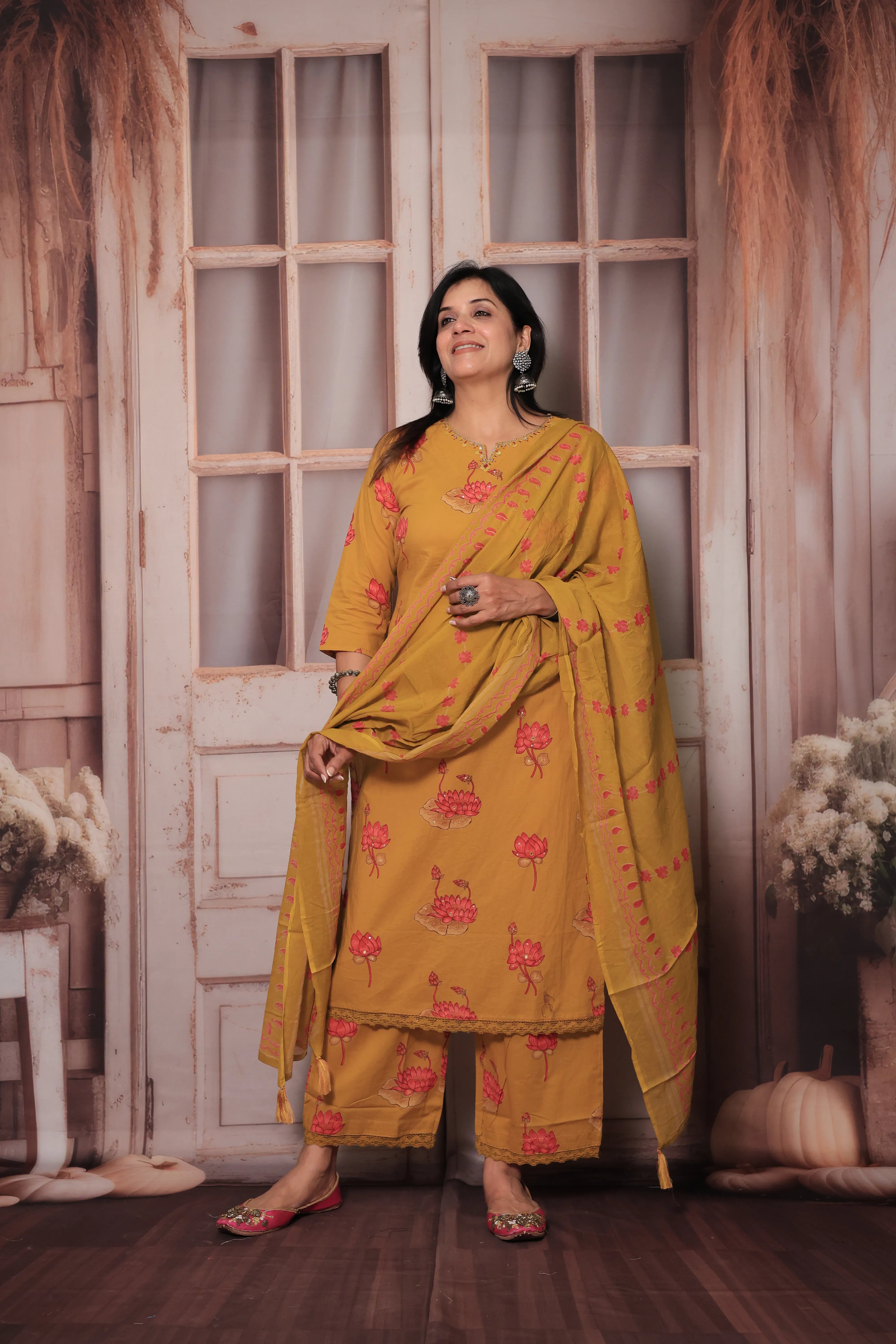 Mustard Yoke Embroidered Kurta Pant Set with Dupatta | Sequin Work & Floral Print
