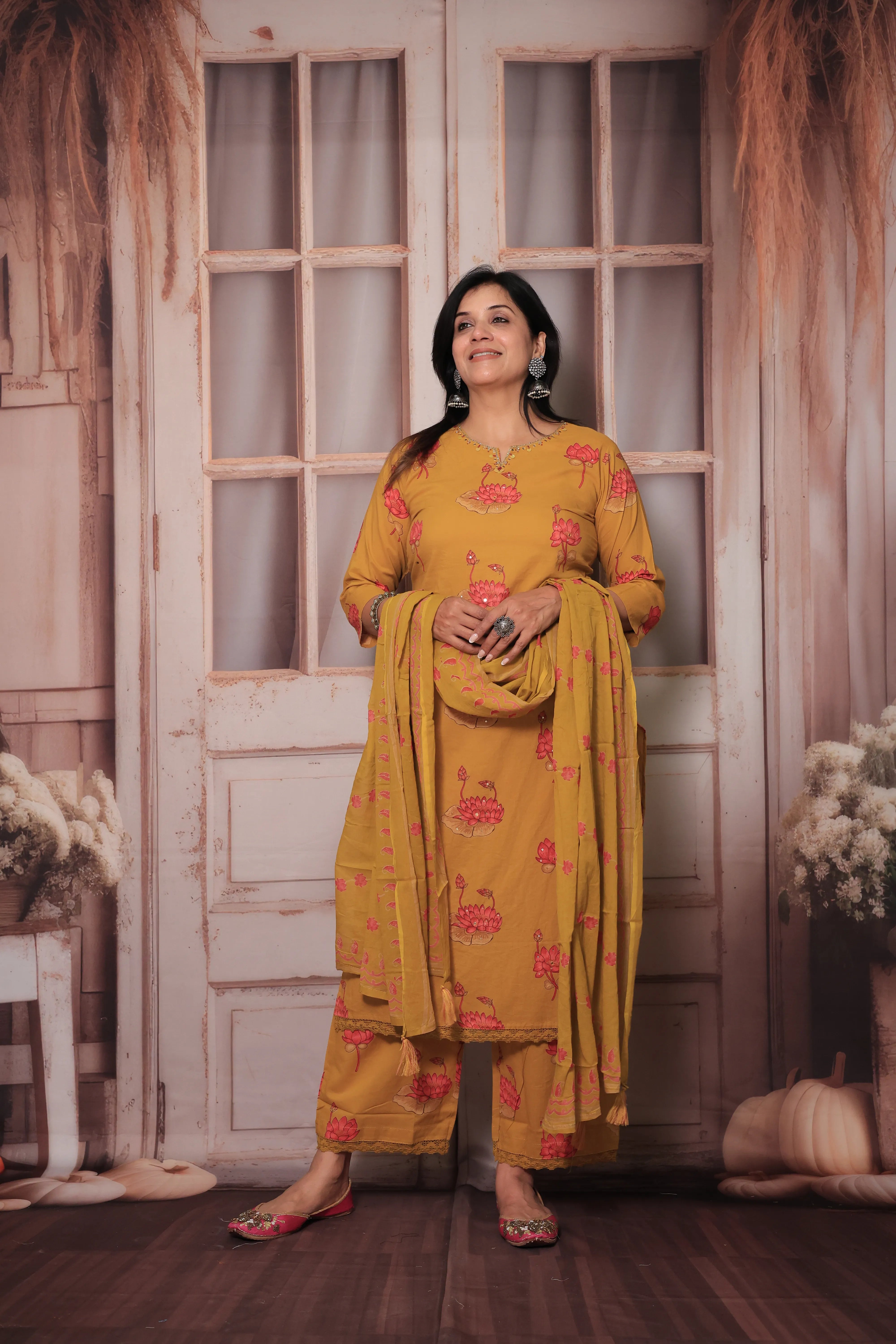 Mustard Yoke Embroidered Kurta Pant Set with Dupatta | Sequin Work & Floral Print