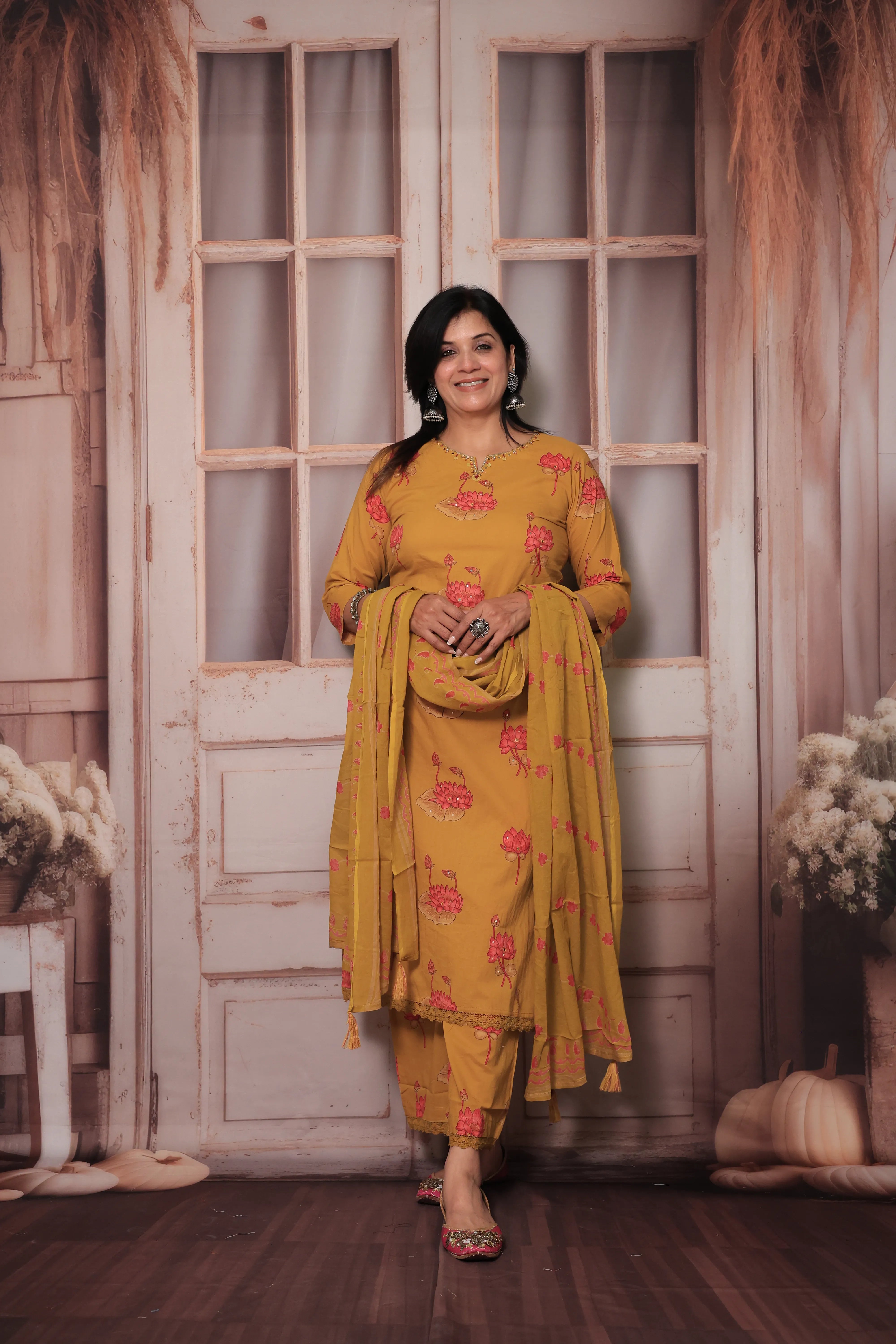 Mustard Yoke Embroidered Kurta Pant Set with Dupatta | Sequin Work & Floral Print