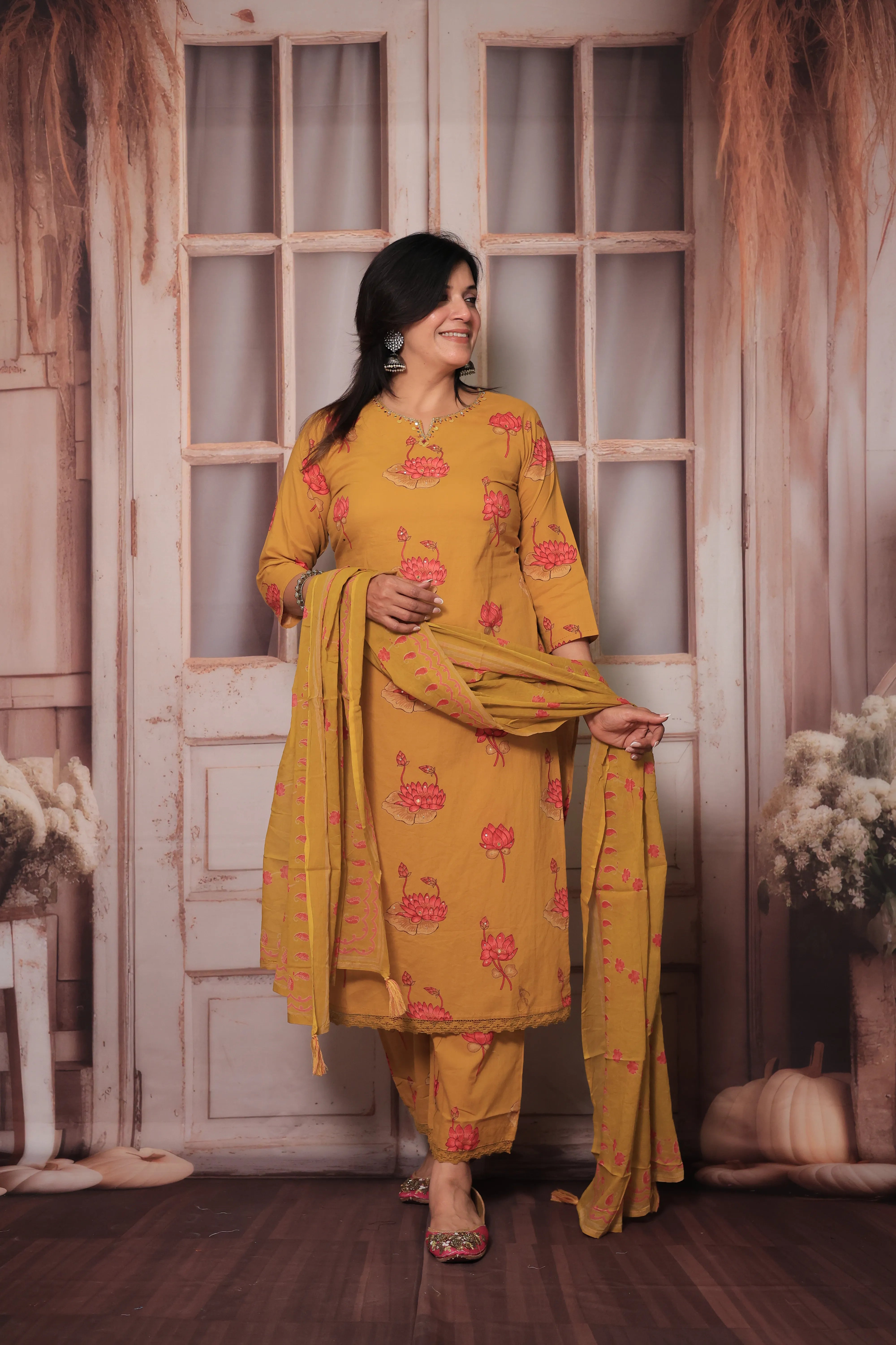 Mustard Yoke Embroidered Kurta Pant Set with Dupatta | Sequin Work & Floral Print