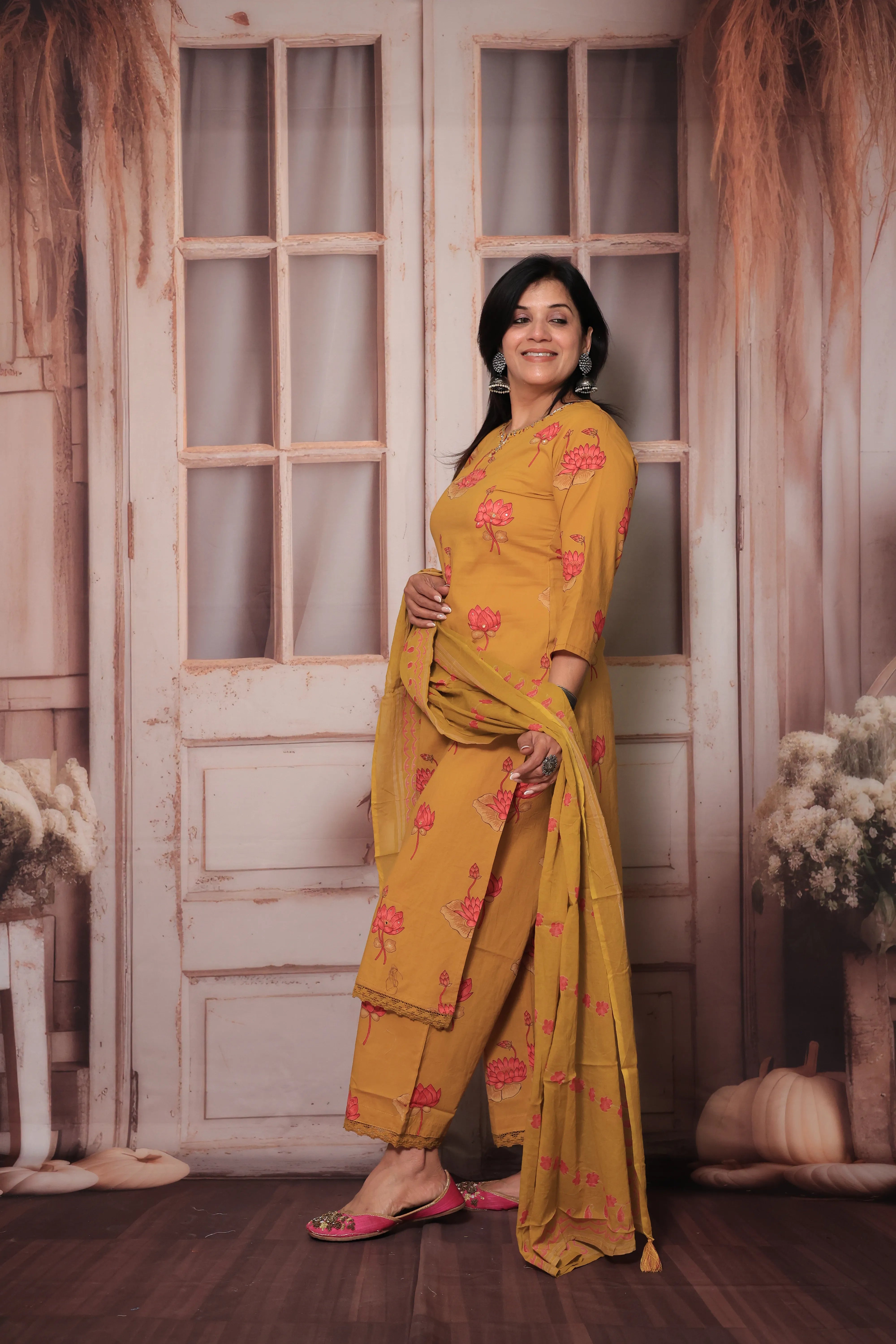 Mustard Yoke Embroidered Kurta Pant Set with Dupatta | Sequin Work & Floral Print