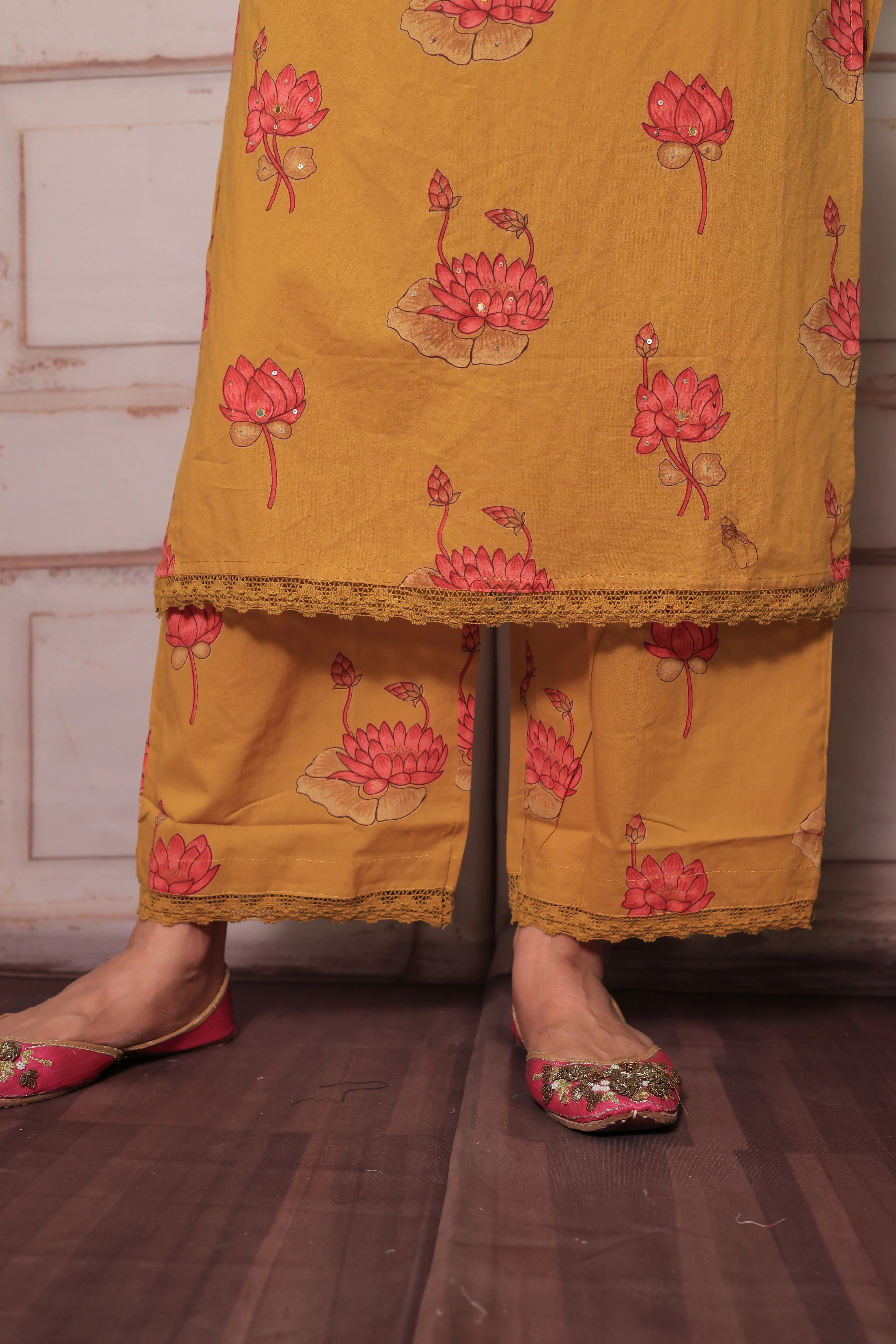 Mustard Yoke Embroidered Kurta Pant Set with Dupatta | Sequin Work & Floral Print