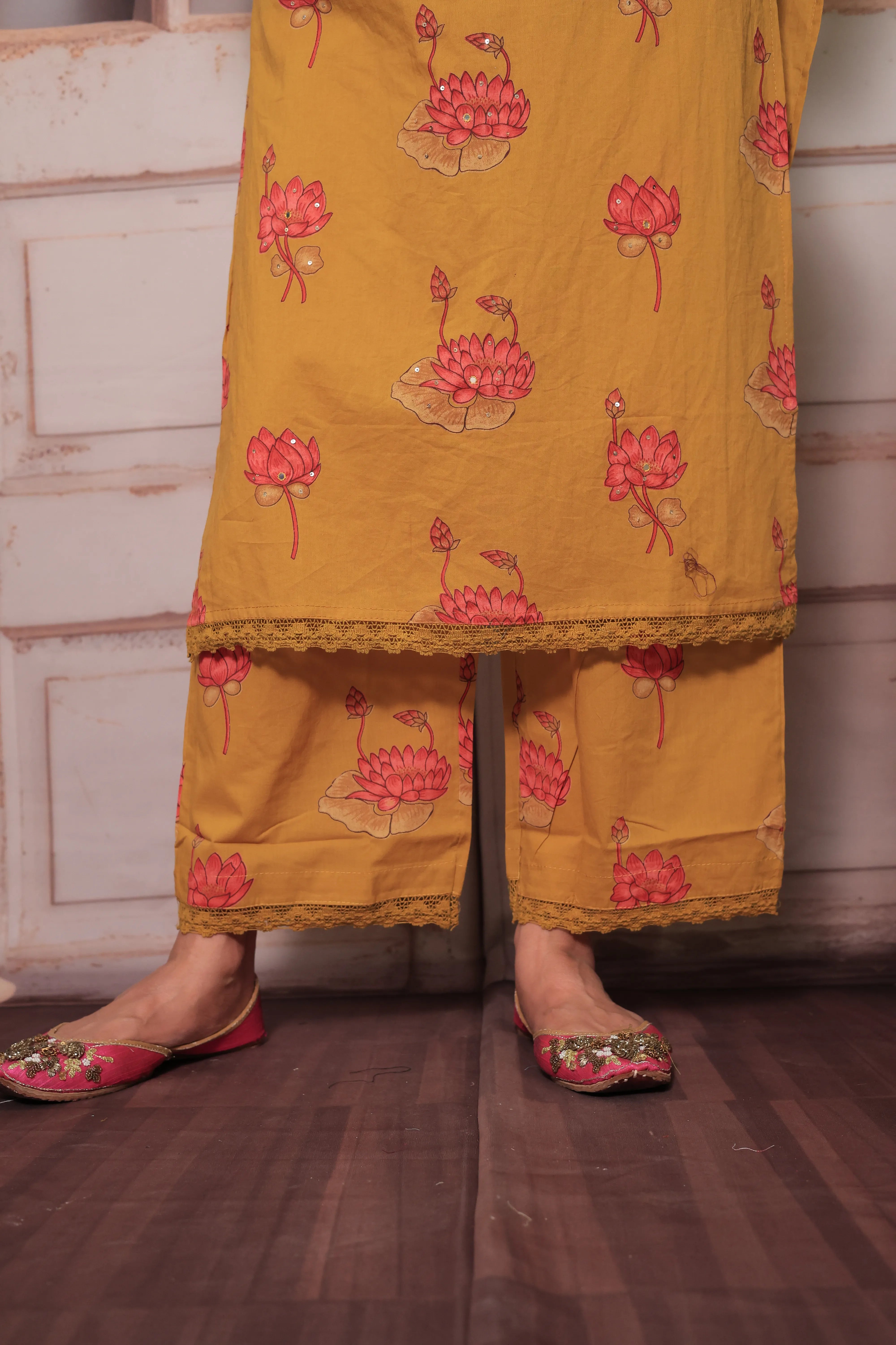 Mustard Yoke Embroidered Kurta Pant Set with Dupatta | Sequin Work & Floral Print