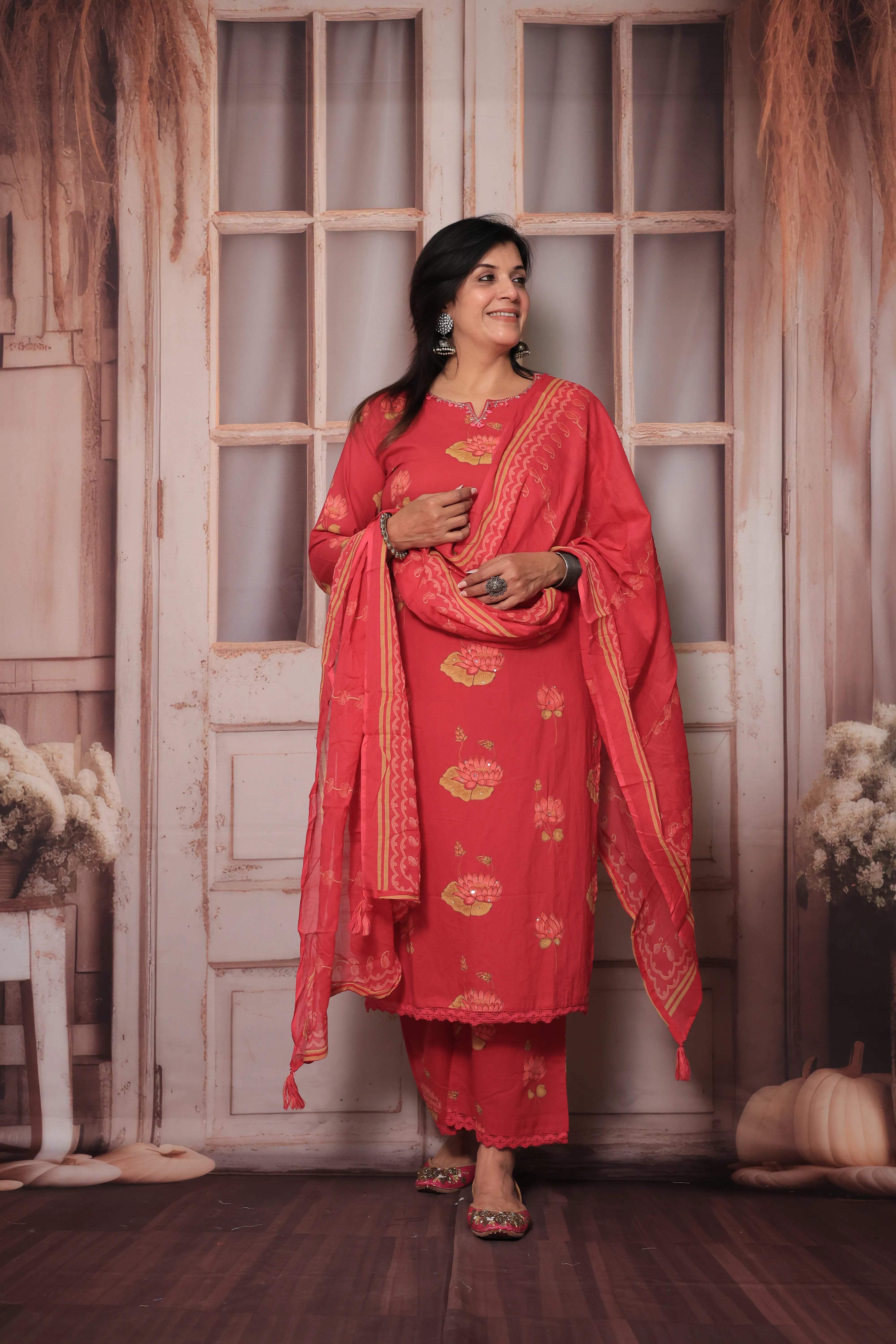 Rani Yoke Embroidered Kurta Pant Set with Dupatta | Sequin Work & Floral Print