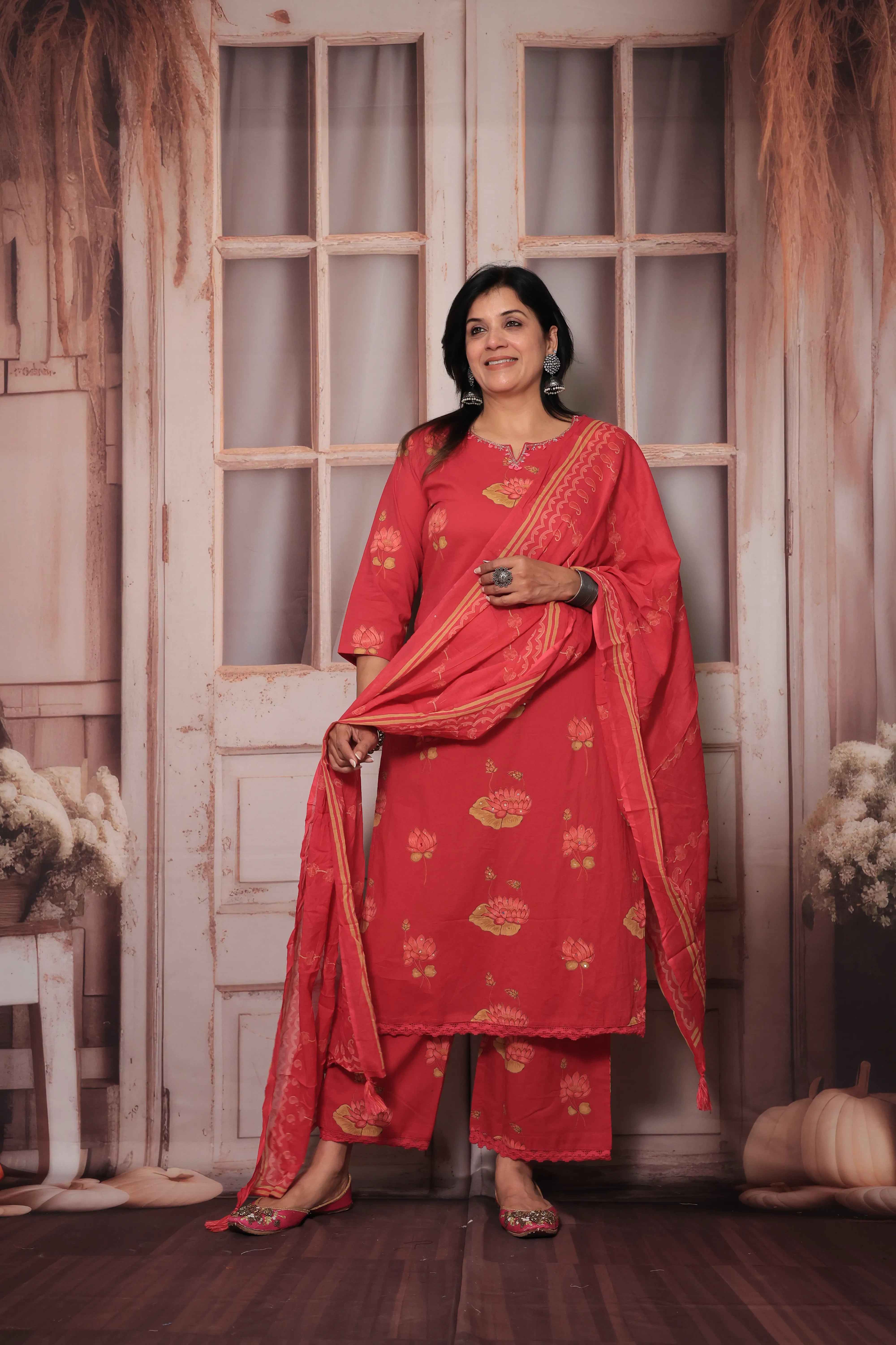 Rani Yoke Embroidered Kurta Pant Set with Dupatta | Sequin Work & Floral Print