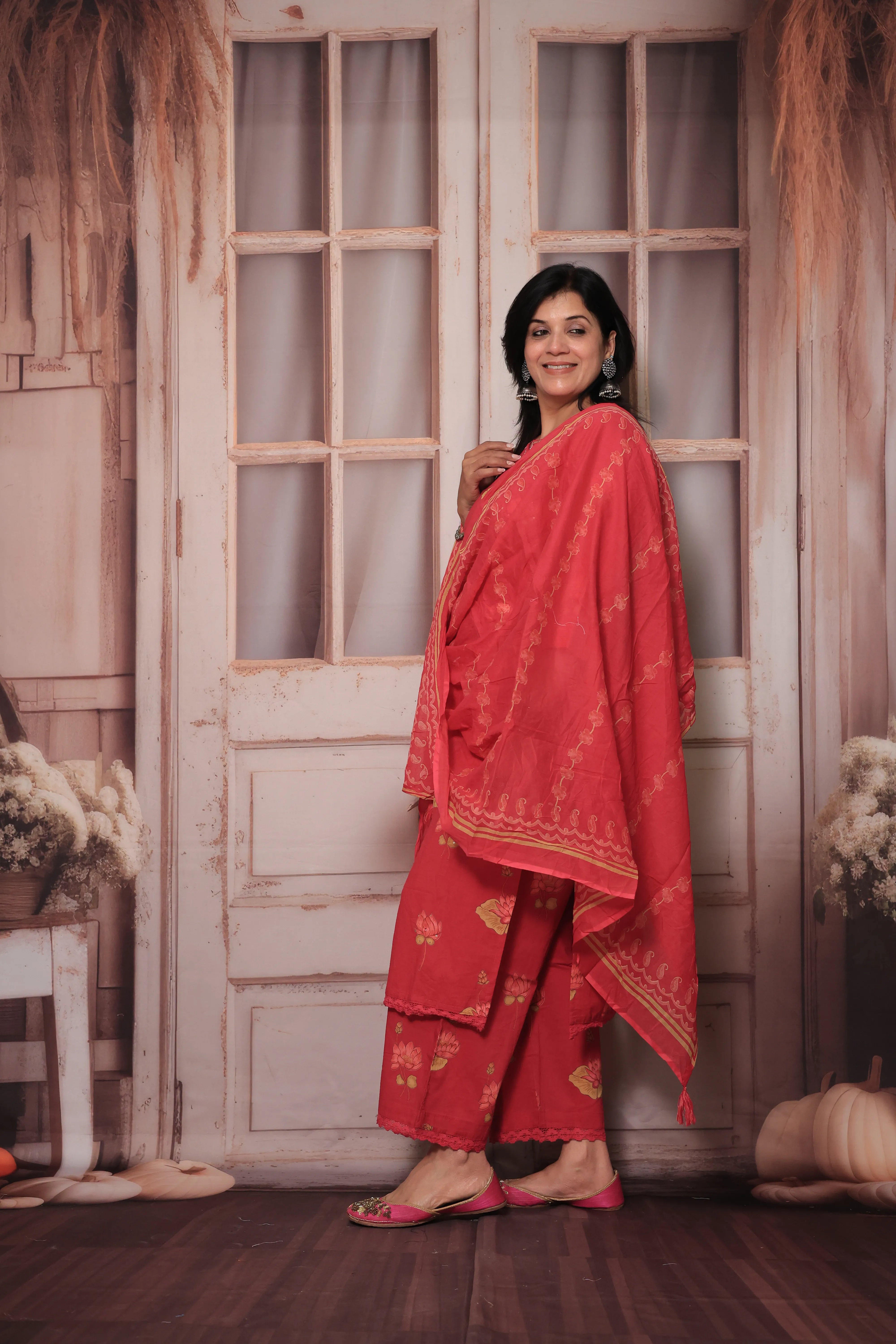 Rani Yoke Embroidered Kurta Pant Set with Dupatta | Sequin Work & Floral Print