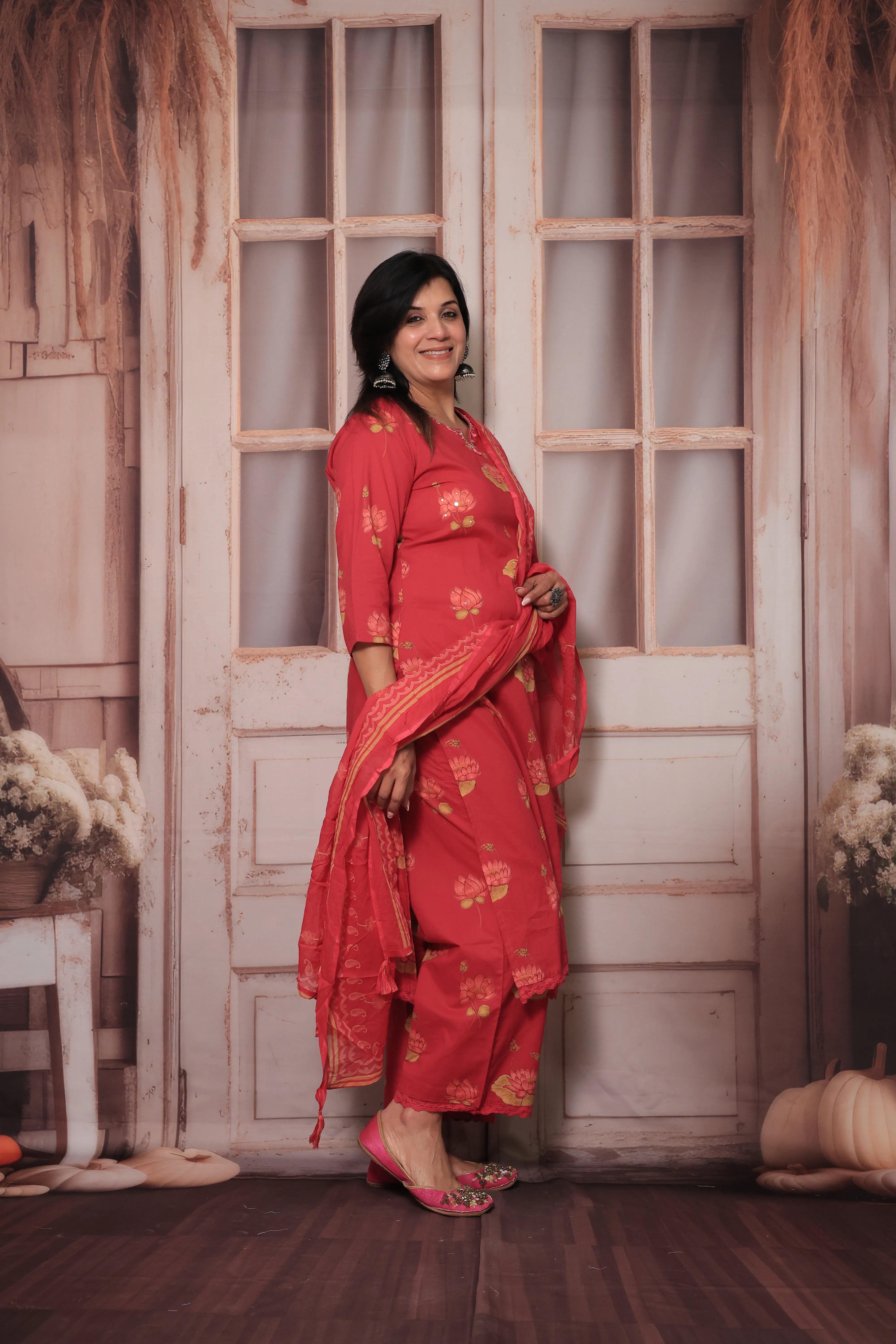 Rani Yoke Embroidered Kurta Pant Set with Dupatta | Sequin Work & Floral Print