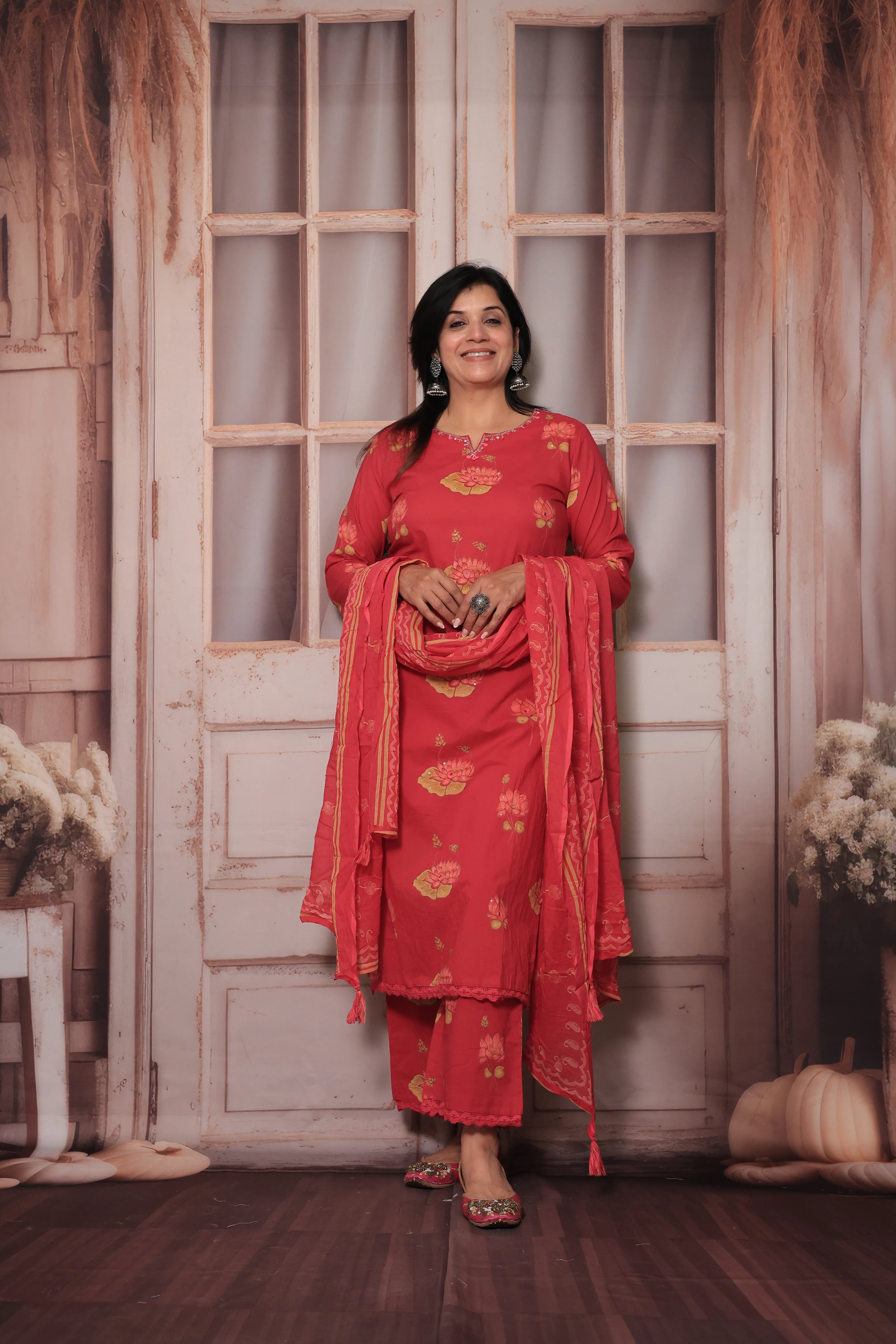 Rani Yoke Embroidered Kurta Pant Set with Dupatta | Sequin Work & Floral Print