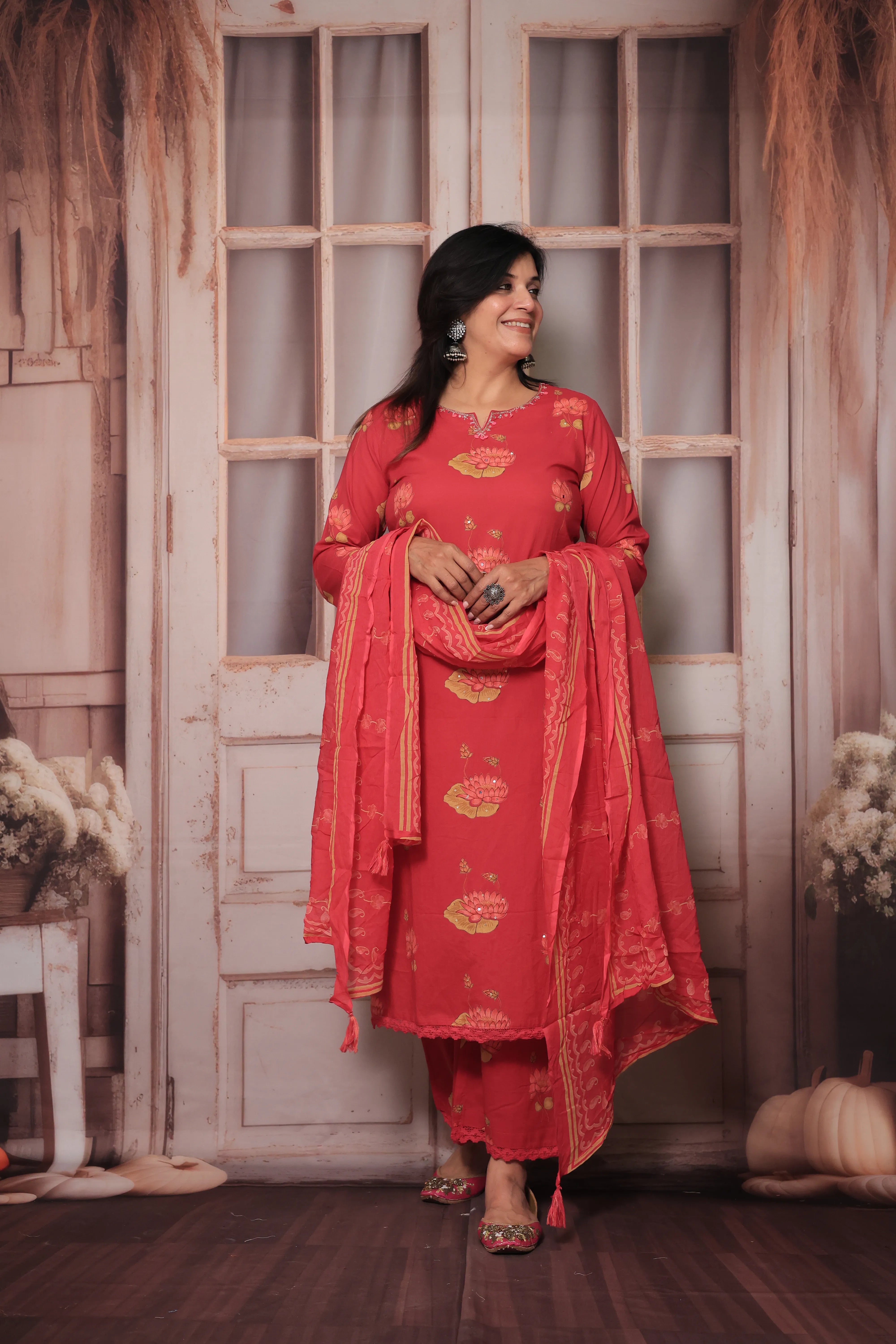 Rani Yoke Embroidered Kurta Pant Set with Dupatta | Sequin Work & Floral Print