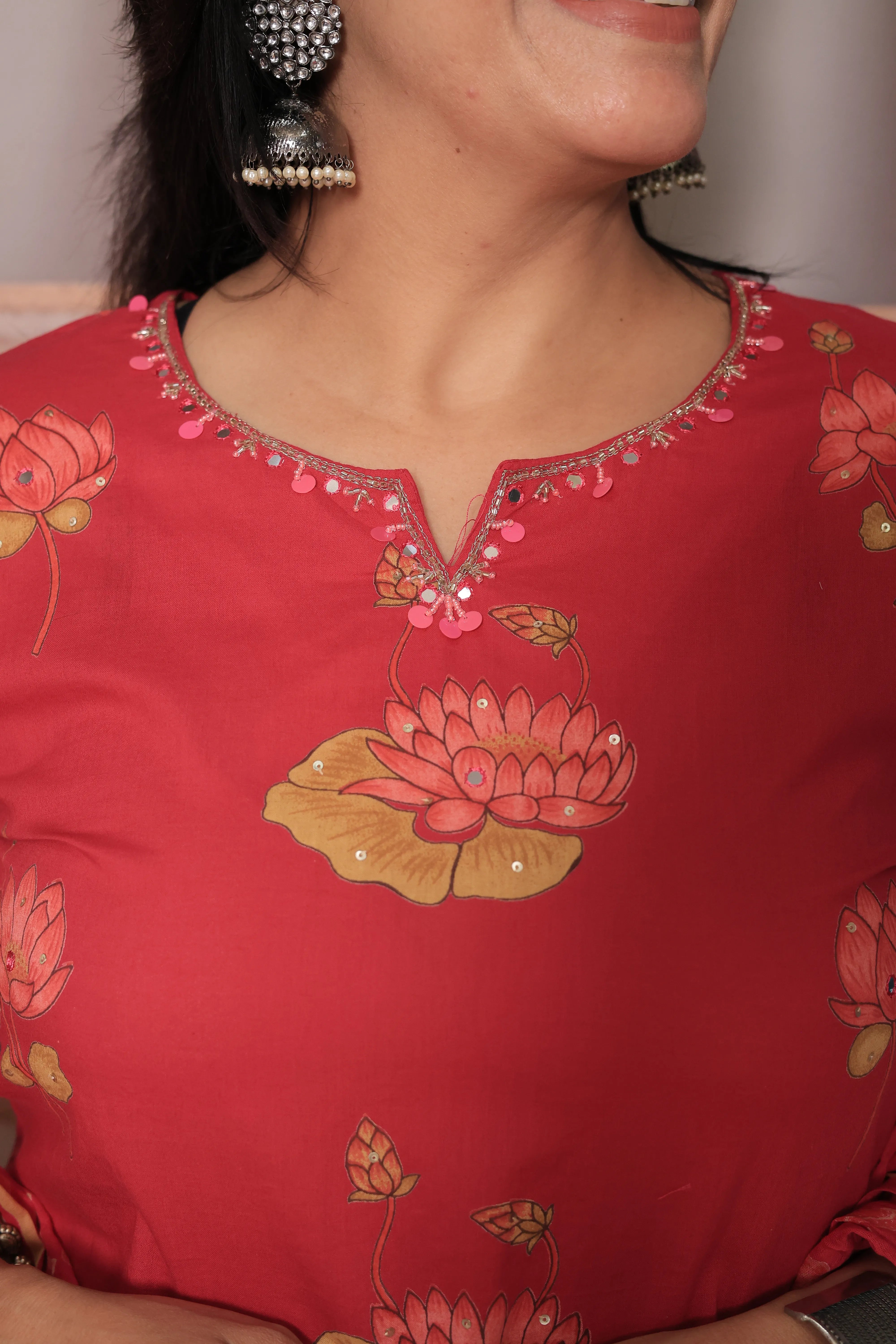 Rani Yoke Embroidered Kurta Pant Set with Dupatta | Sequin Work & Floral Print