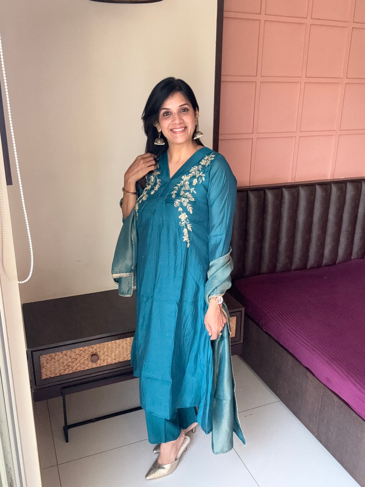 Teal Blue Yoke Embroidered A-Line Kurta Pant & Dupatta Set | Pure Muslin Silk