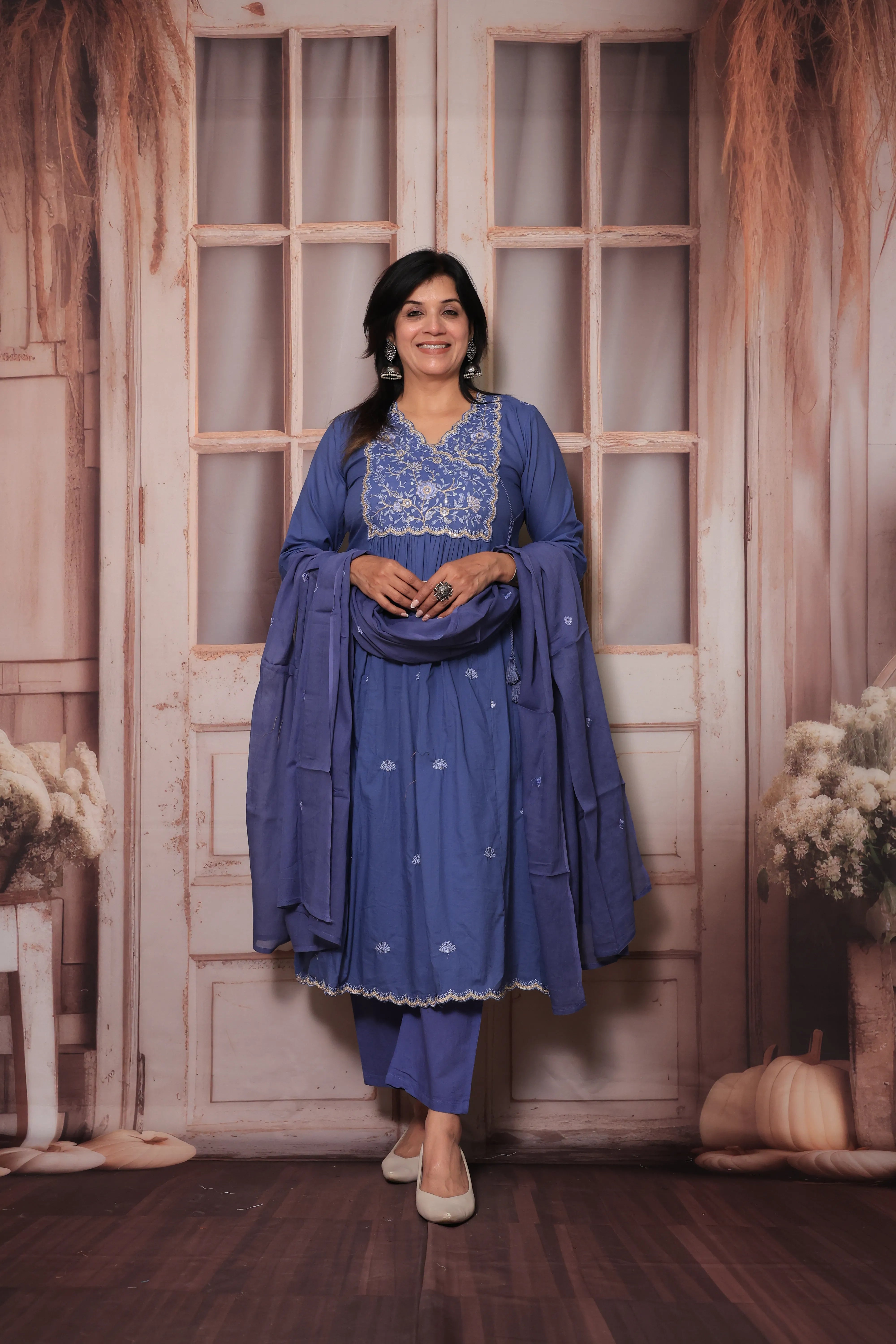 Piccadilly Purple Yoke Design A-Line Dupatta Set | Sequin Thread Embroidery | Soft Cotton