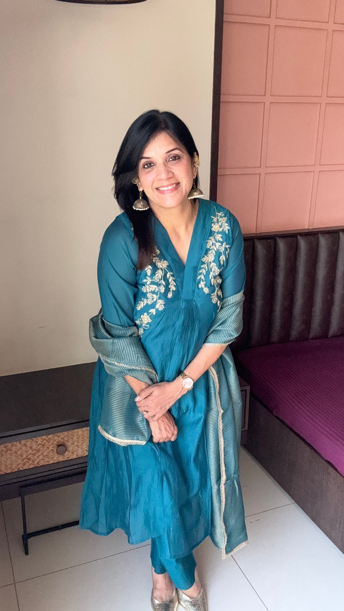 Teal Blue Yoke Embroidered A-Line Kurta Pant & Dupatta Set | Pure Muslin Silk