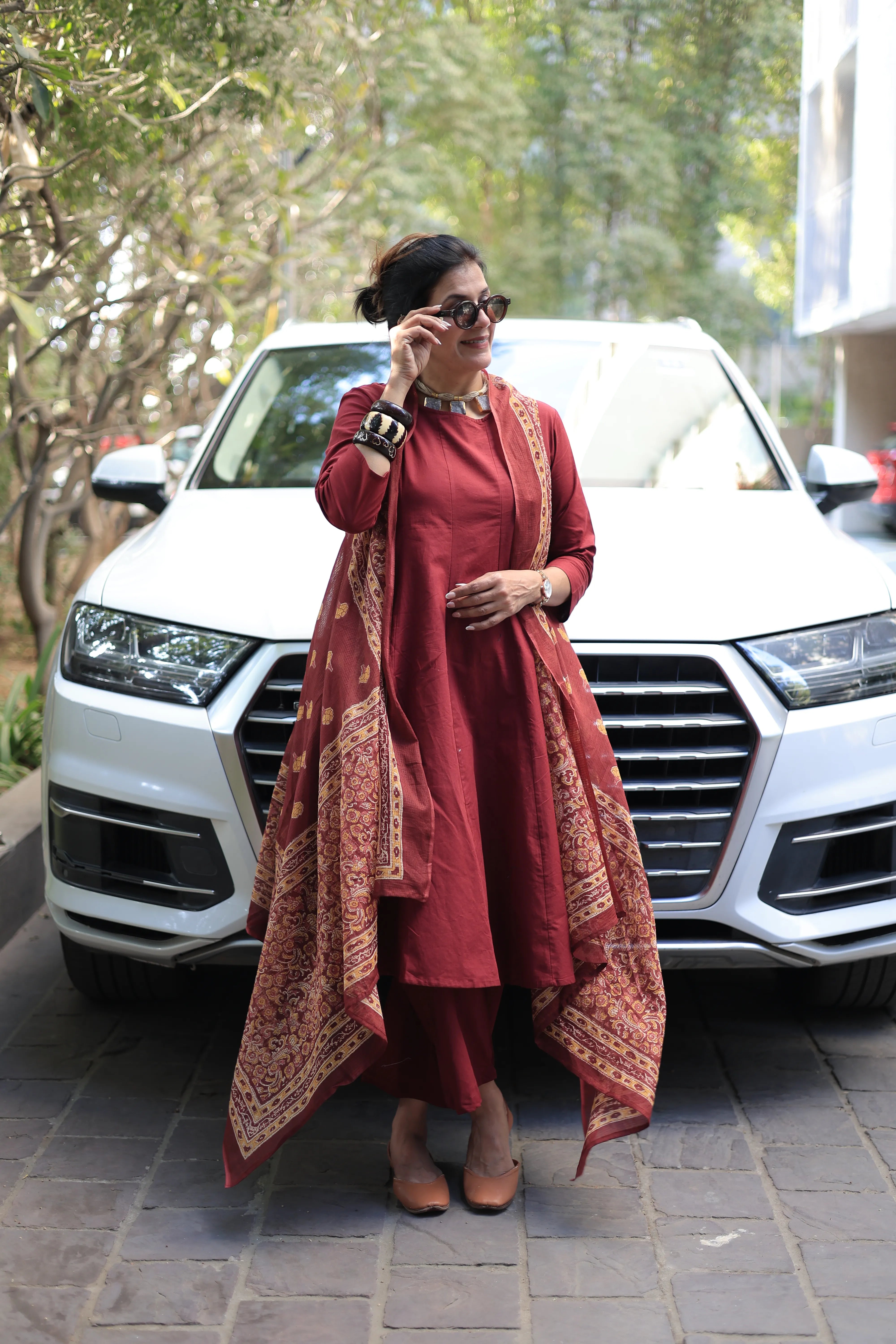 Maroon A-Line Kurta Pant Set with Printed Sleeveless Shrug
