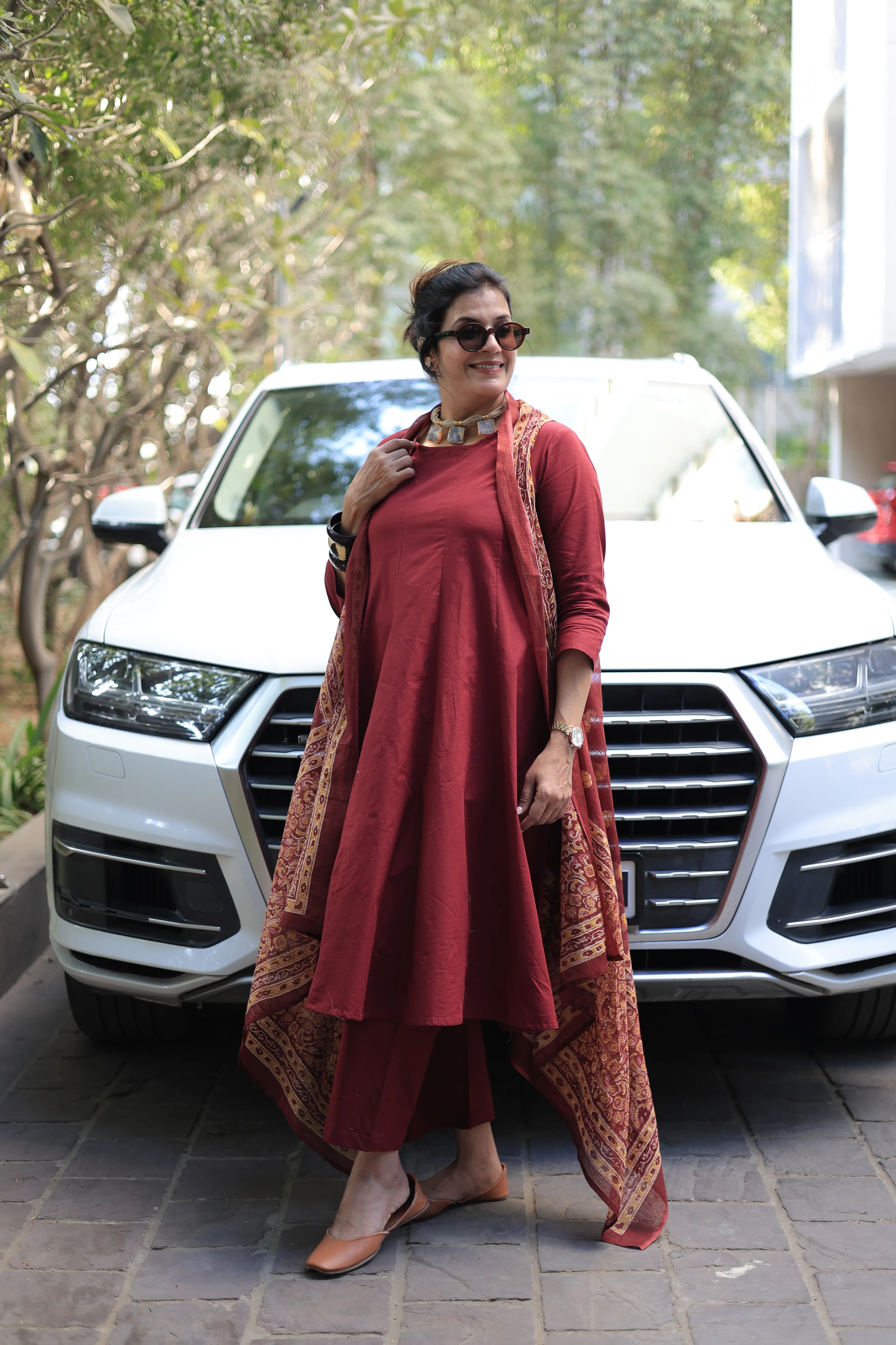 Maroon A-Line Kurta Pant Set with Printed Sleeveless Shrug