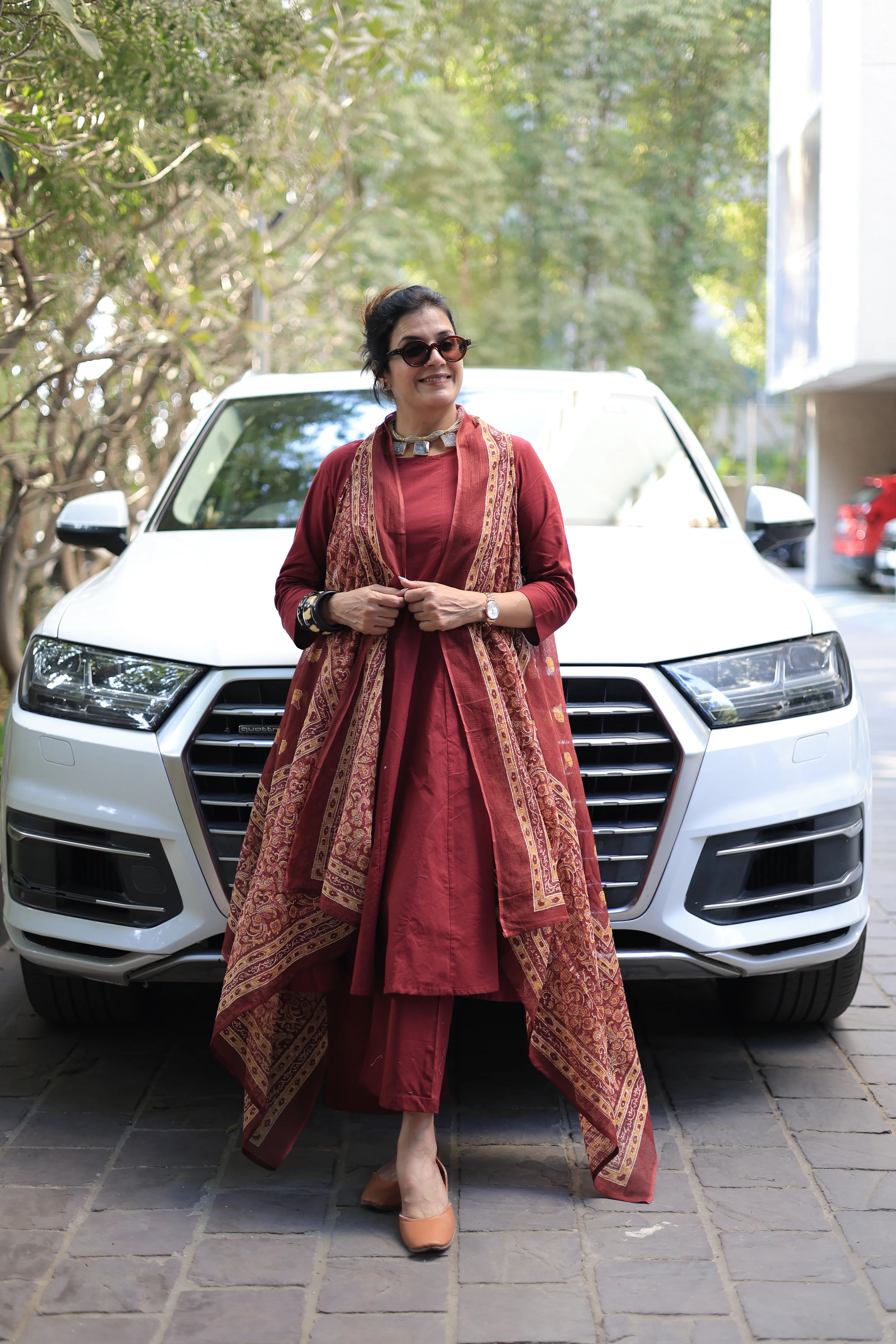 Maroon A-Line Kurta Pant Set with Printed Sleeveless Shrug