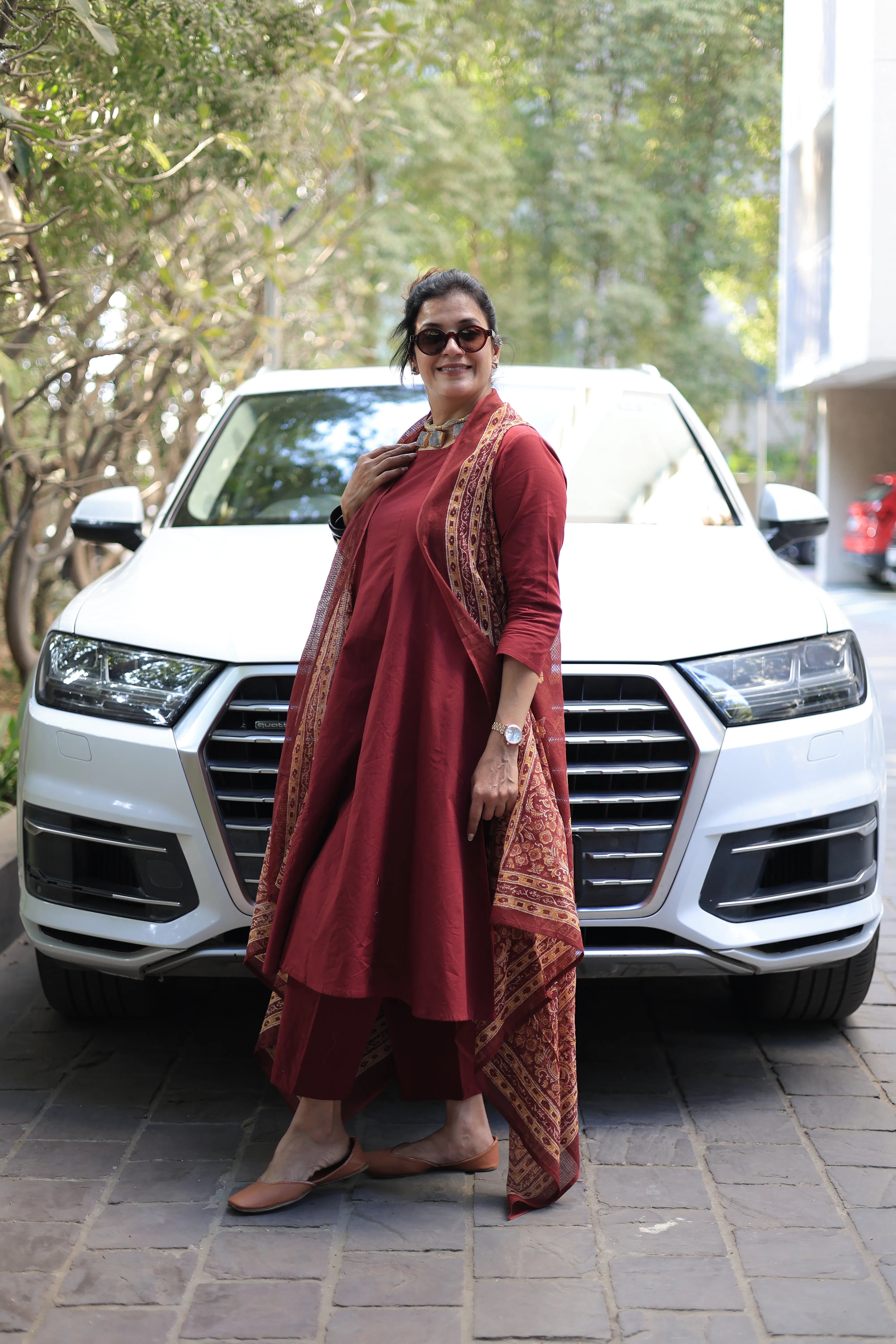 Maroon A-Line Kurta Pant Set with Printed Sleeveless Shrug