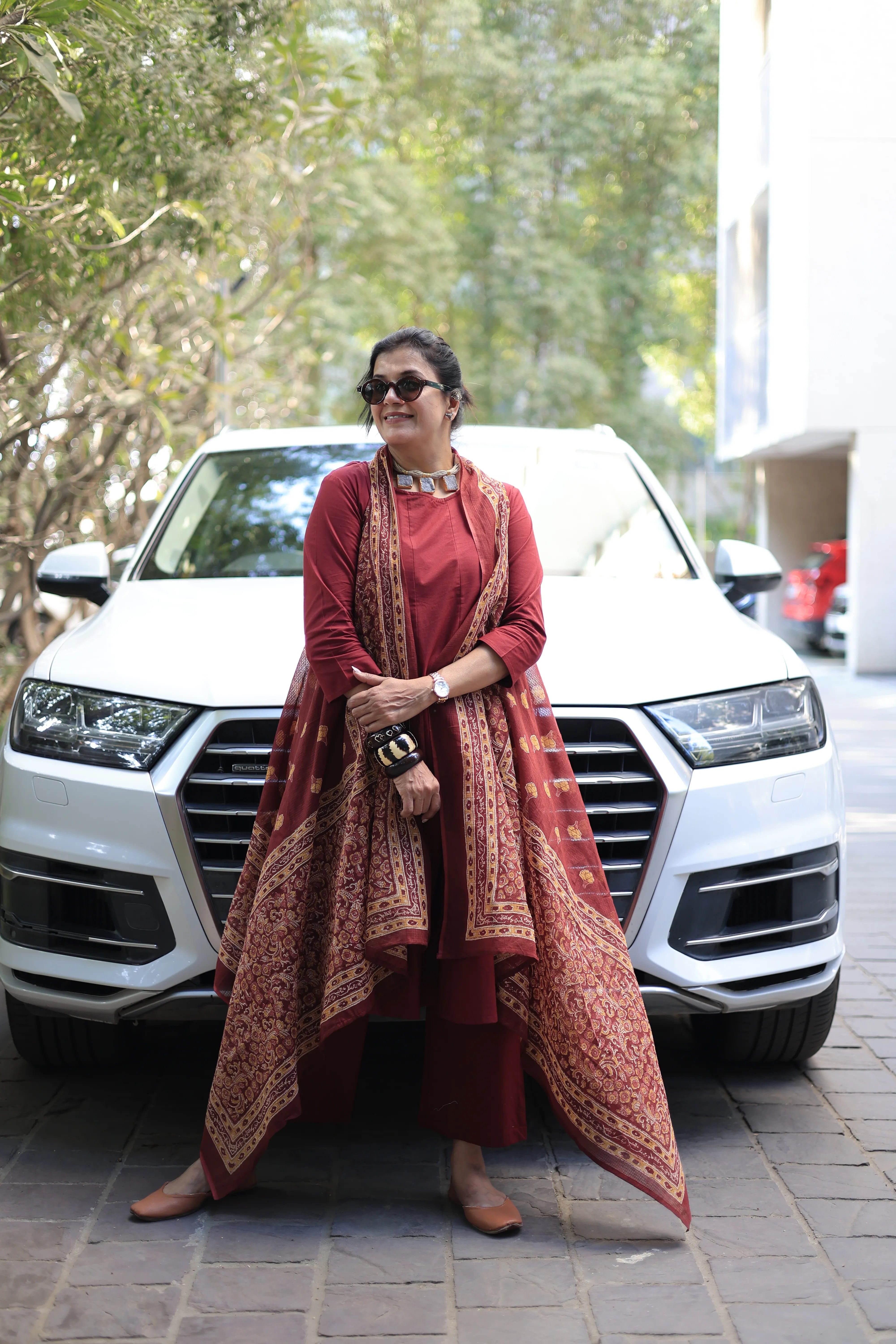 Maroon A-Line Kurta Pant Set with Printed Sleeveless Shrug
