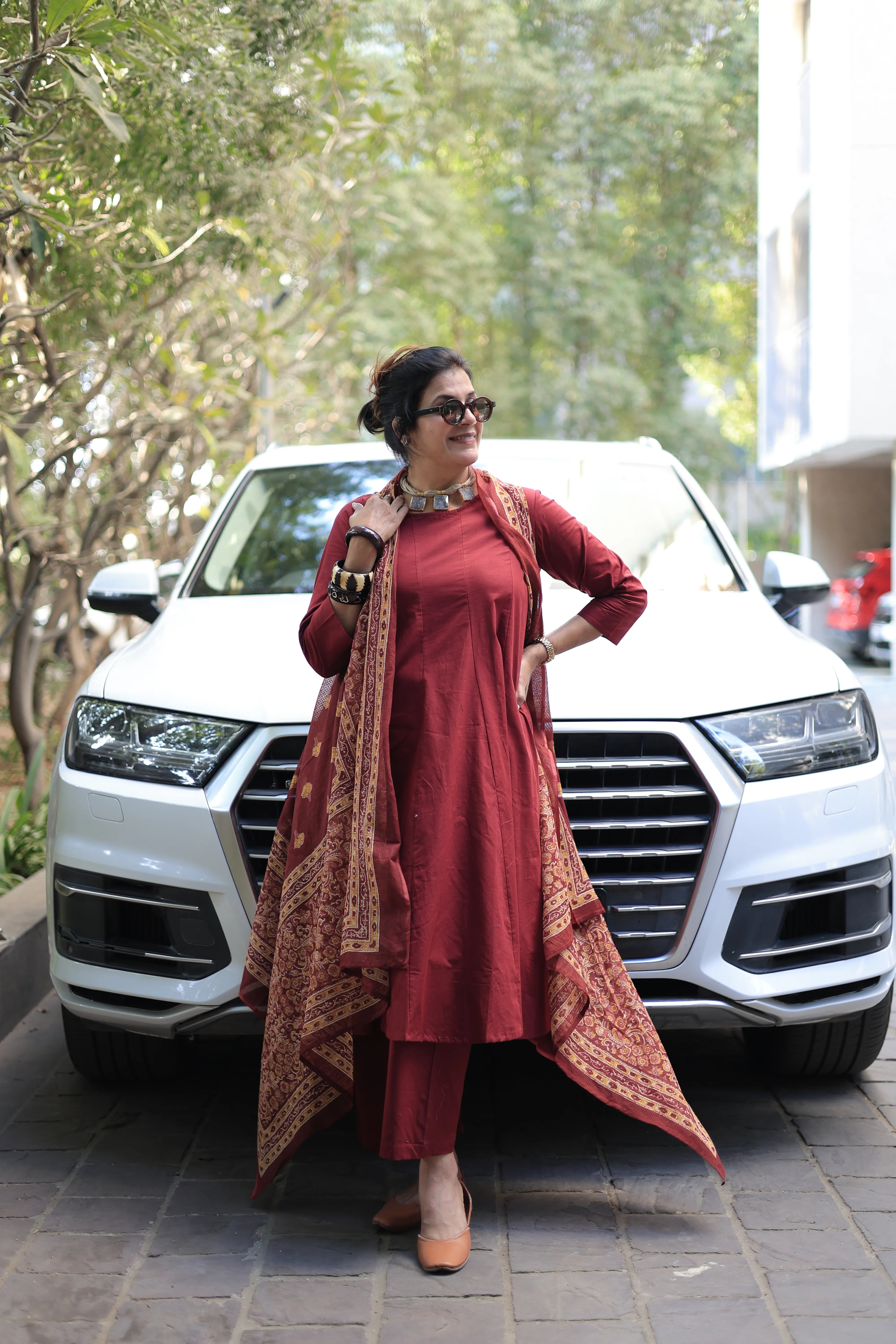 Maroon A-Line Kurta Pant Set with Printed Sleeveless Shrug