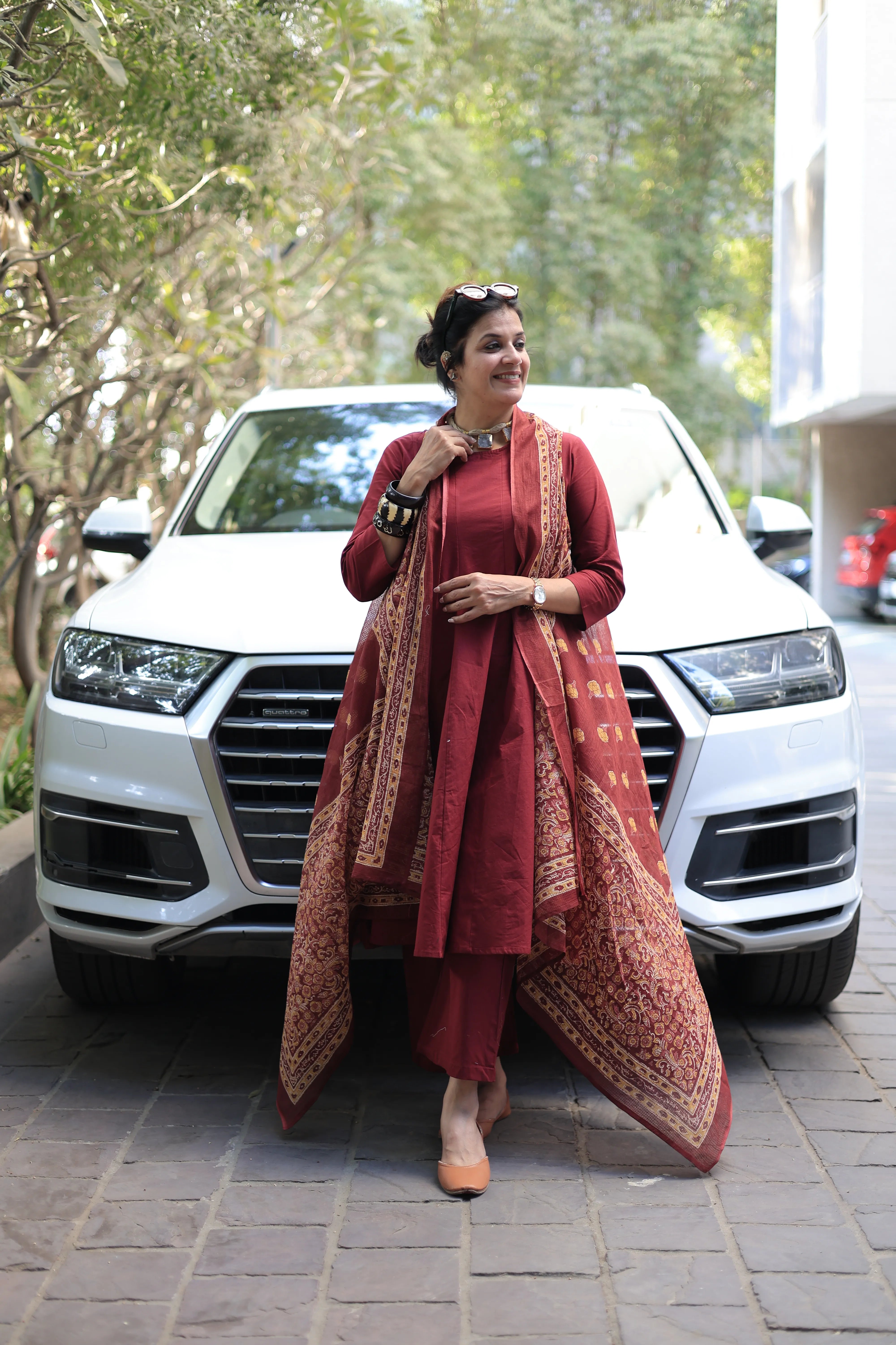 Maroon A-Line Kurta Pant Set with Printed Sleeveless Shrug