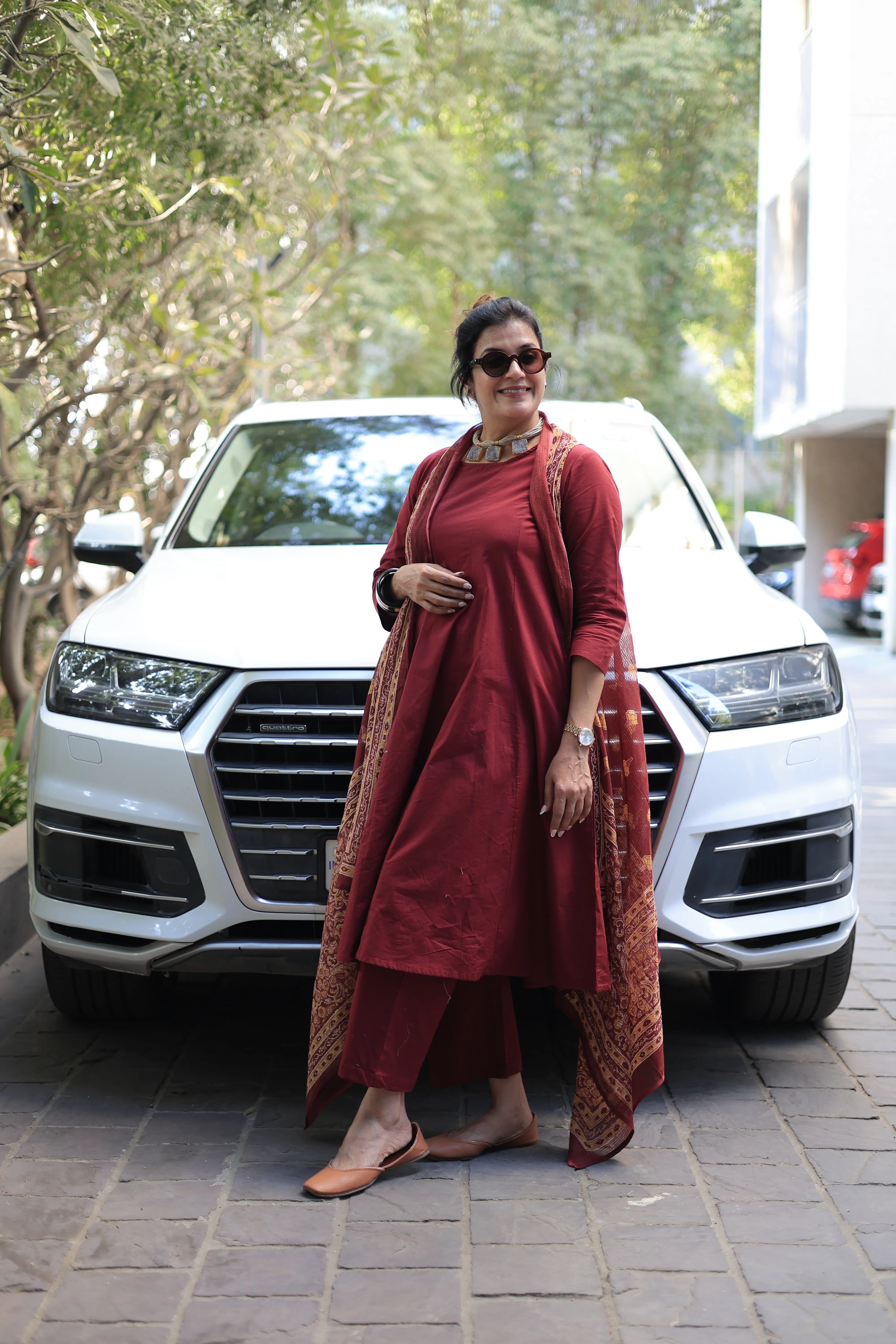Maroon A-Line Kurta Pant Set with Printed Sleeveless Shrug