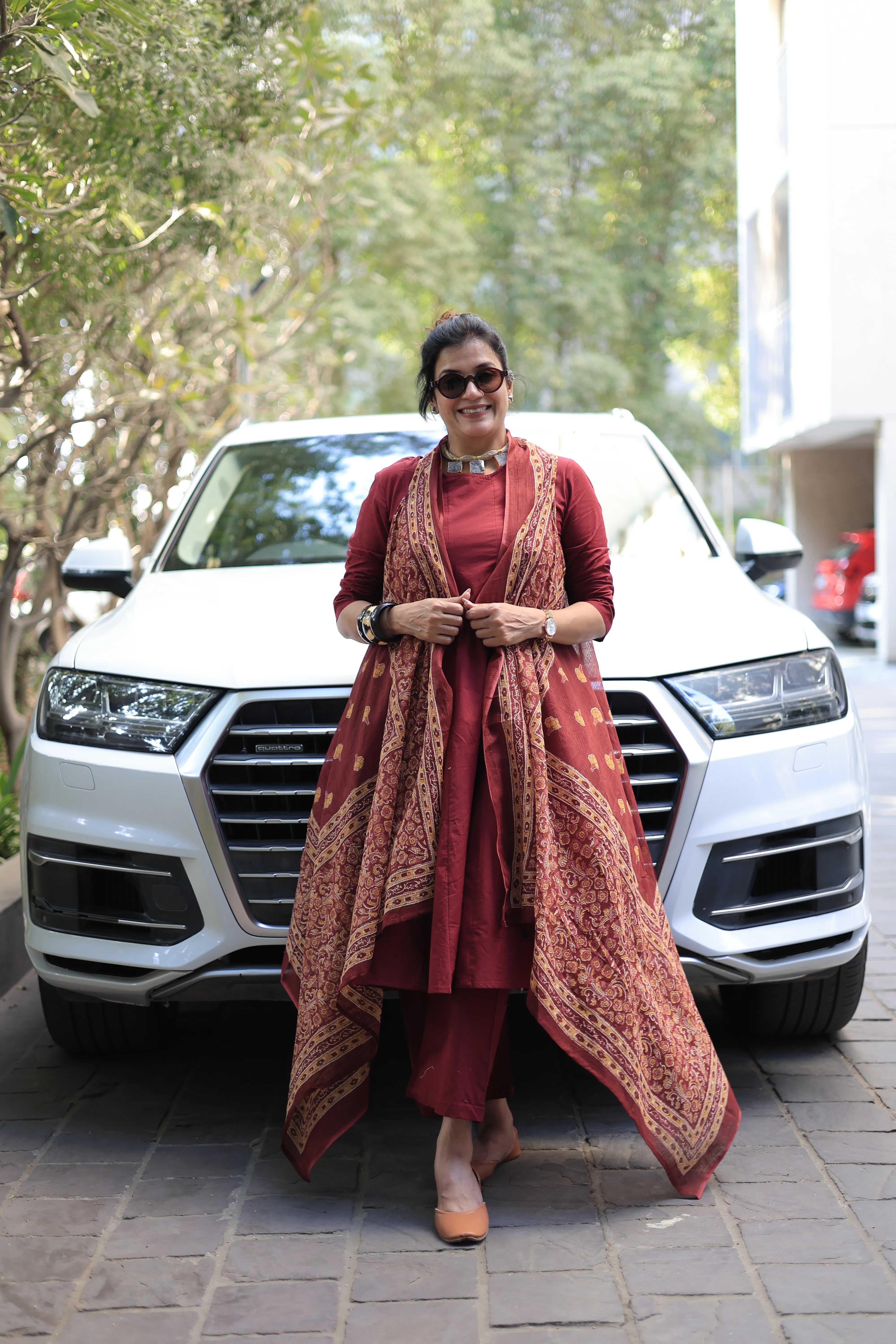 Maroon A-Line Kurta Pant Set with Printed Sleeveless Shrug