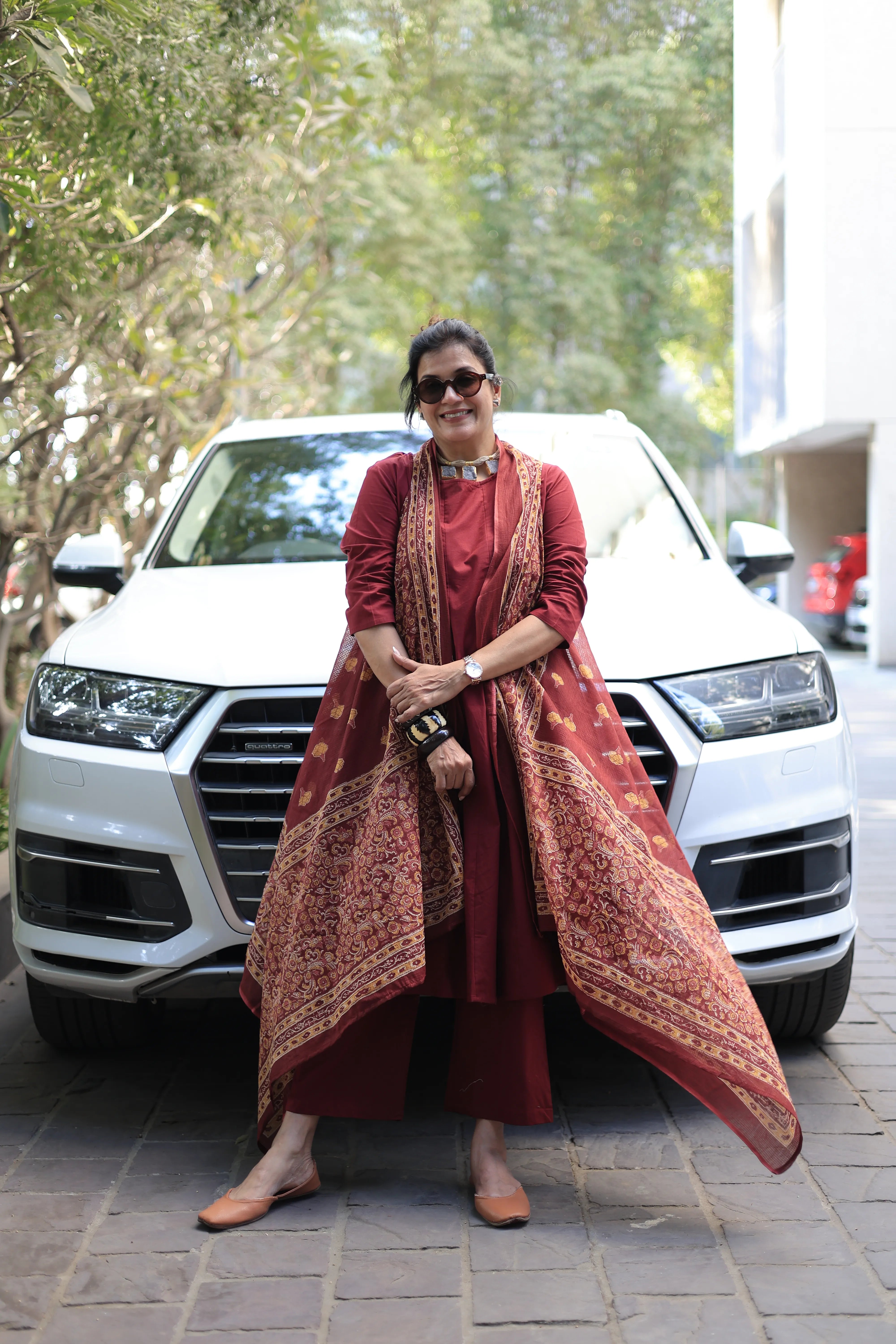 Maroon A-Line Kurta Pant Set with Printed Sleeveless Shrug