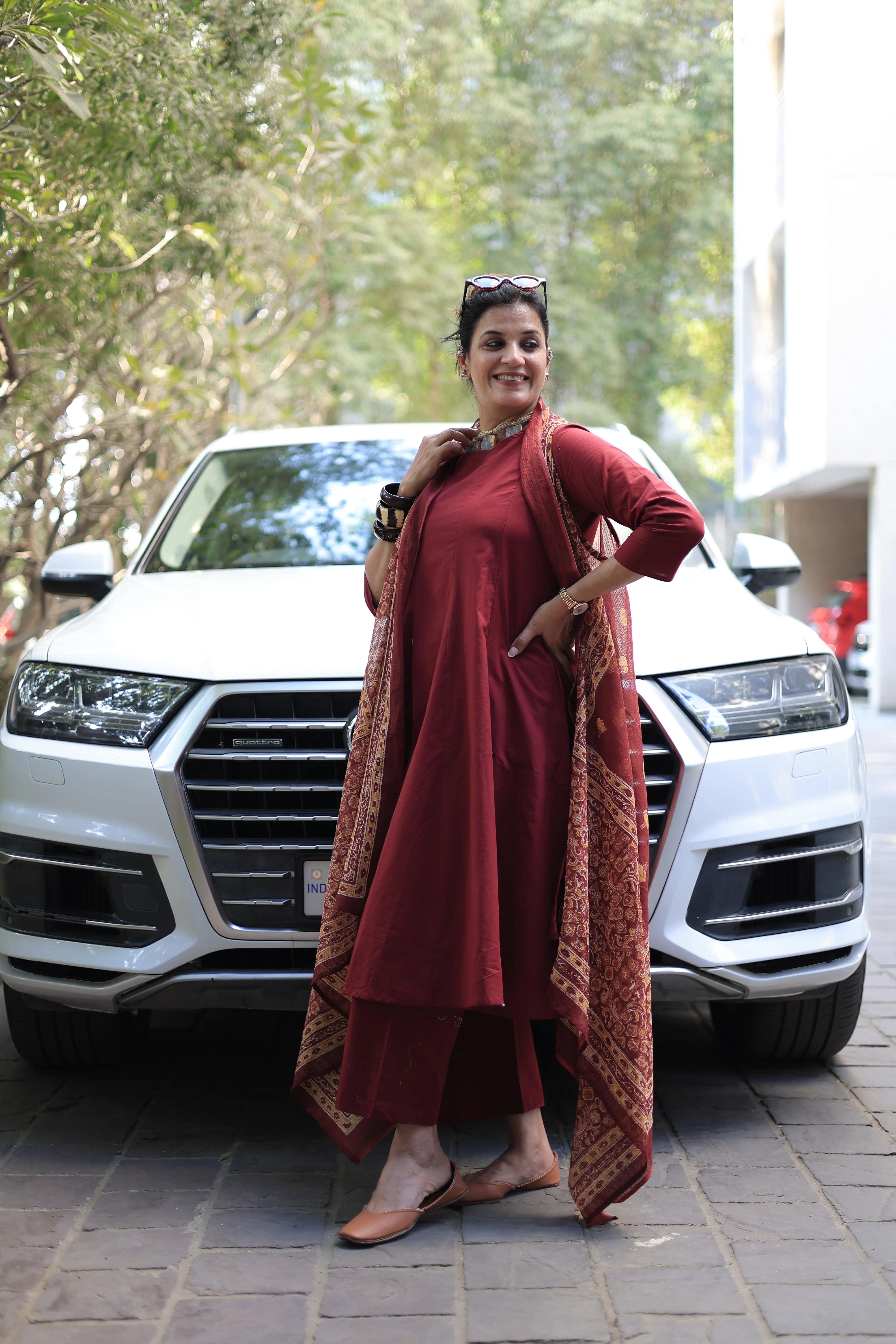 Maroon A-Line Kurta Pant Set with Printed Sleeveless Shrug