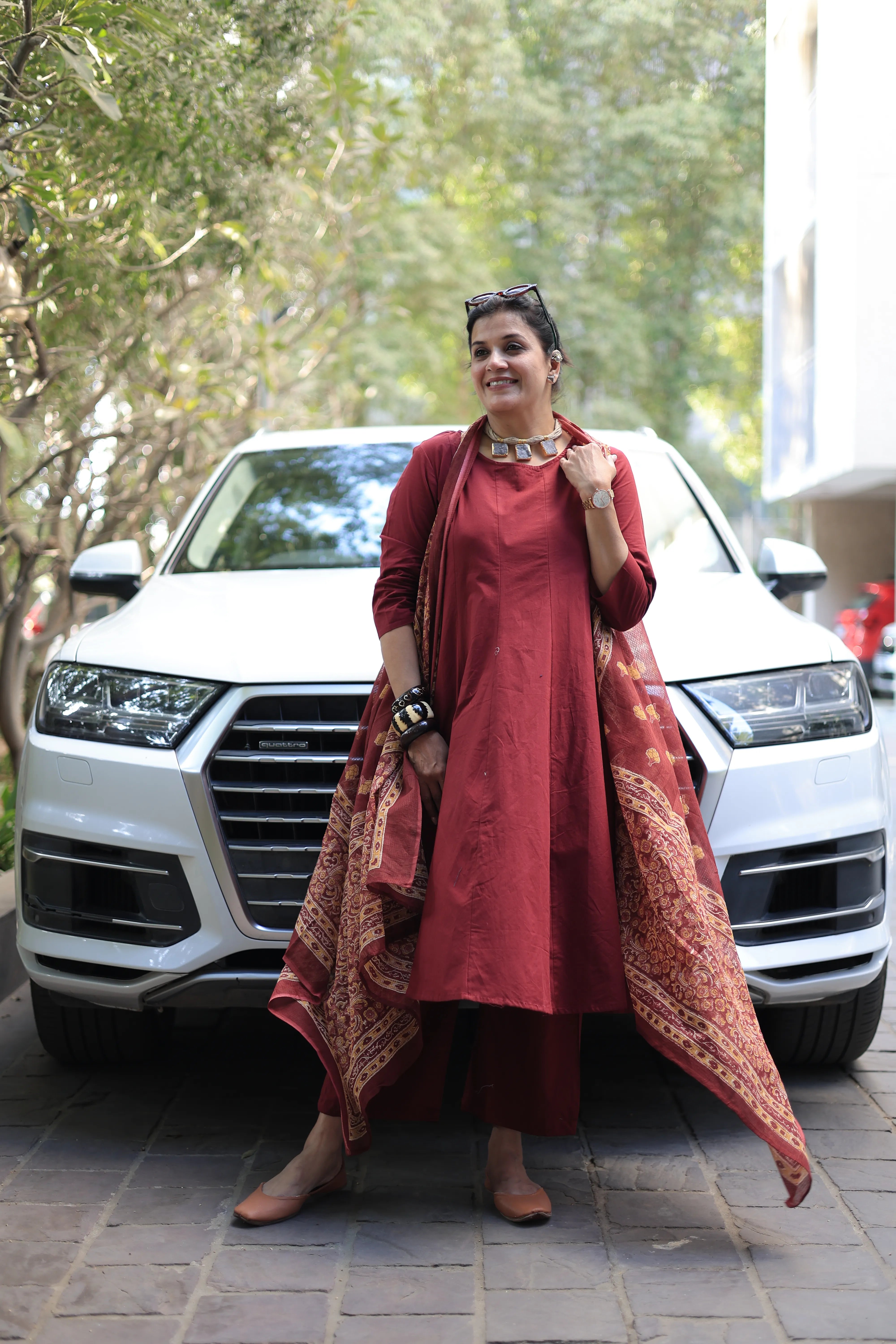 Maroon A-Line Kurta Pant Set with Printed Sleeveless Shrug