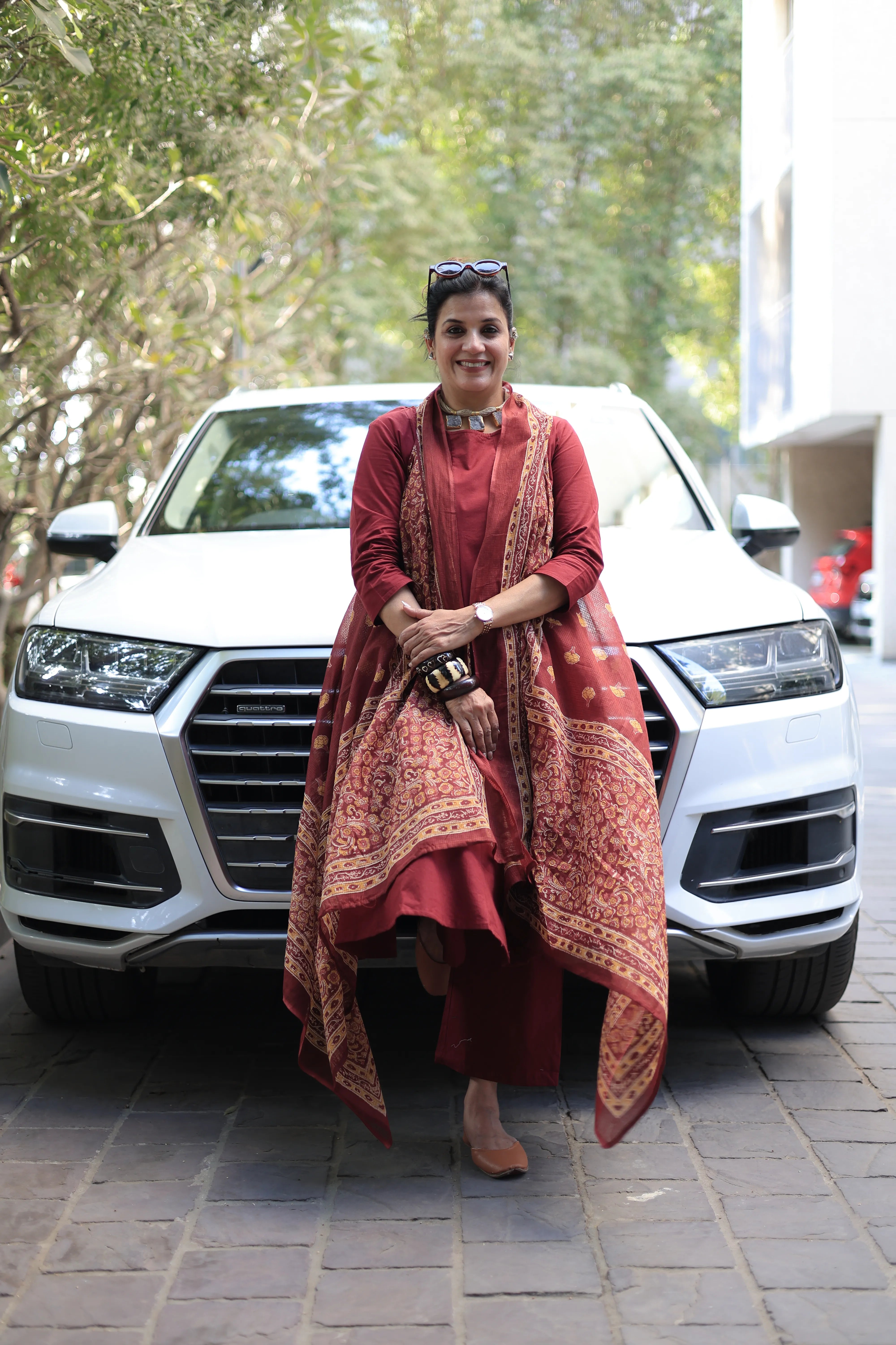 Maroon A-Line Kurta Pant Set with Printed Sleeveless Shrug