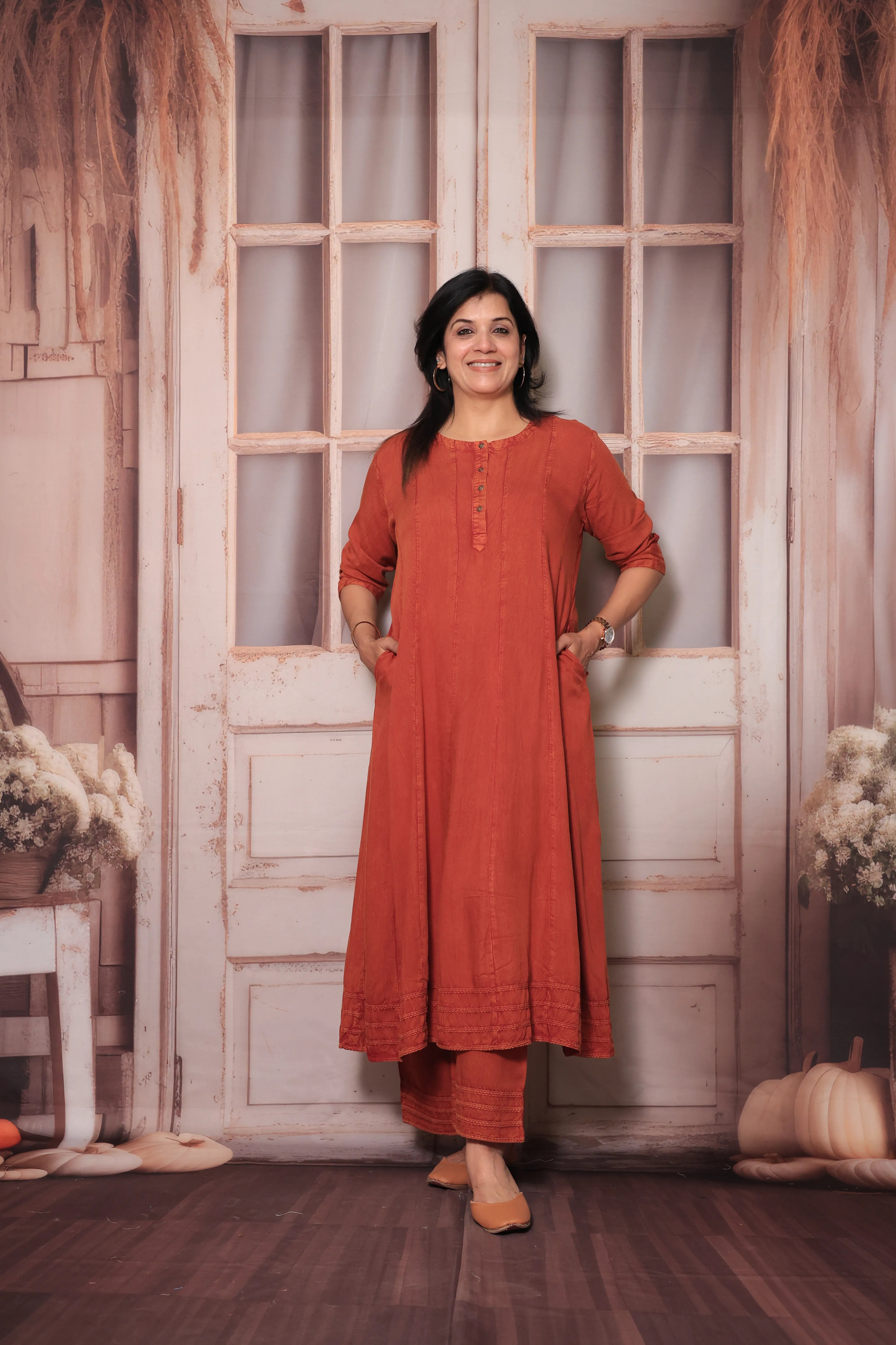 Rust Denim Long A-Line Kurta & Palazzo Co-Ord Set | Trendy Soft Denim Ethnic Wear