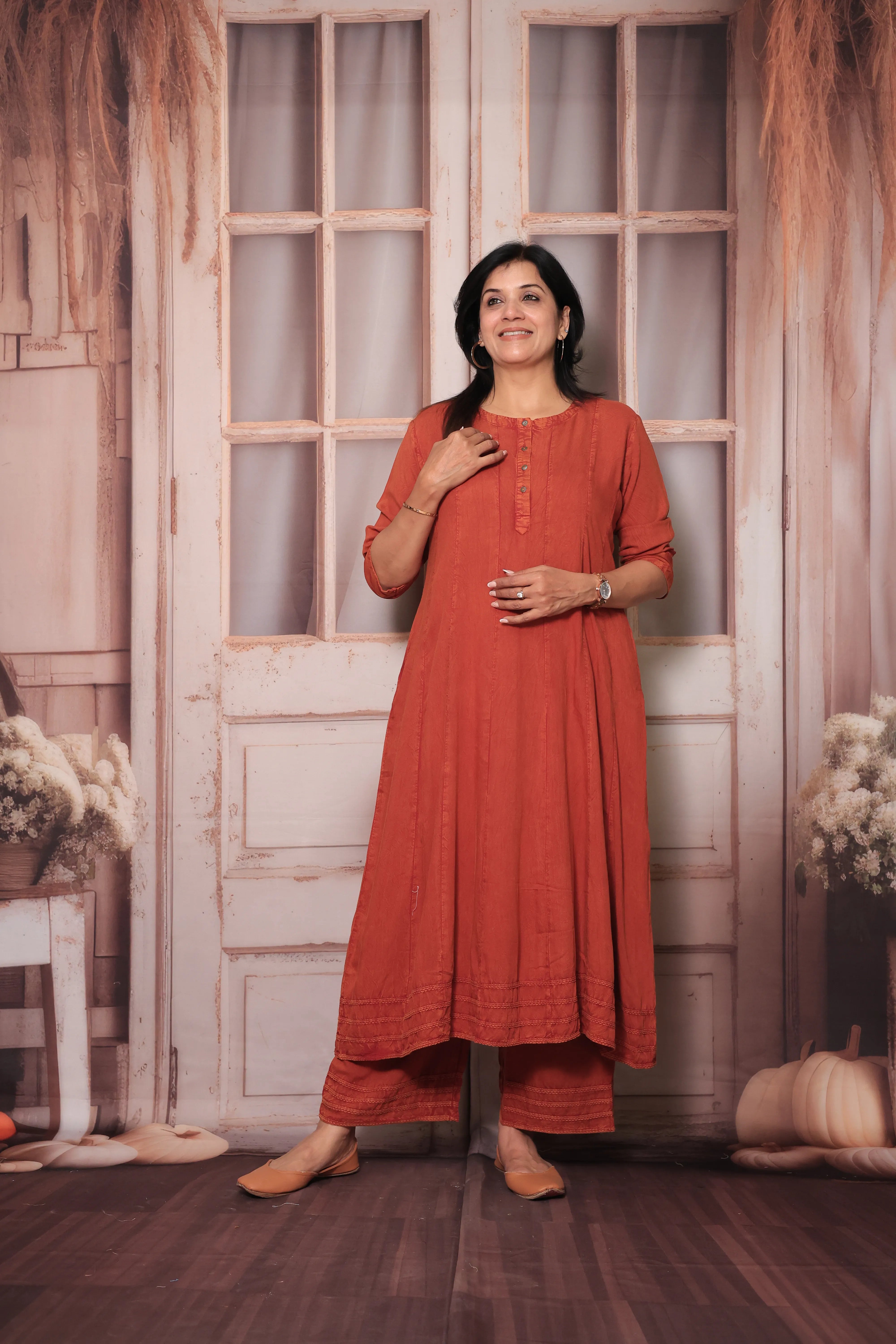 Rust Denim Long A-Line Kurta & Palazzo Co-Ord Set | Trendy Soft Denim Ethnic Wear