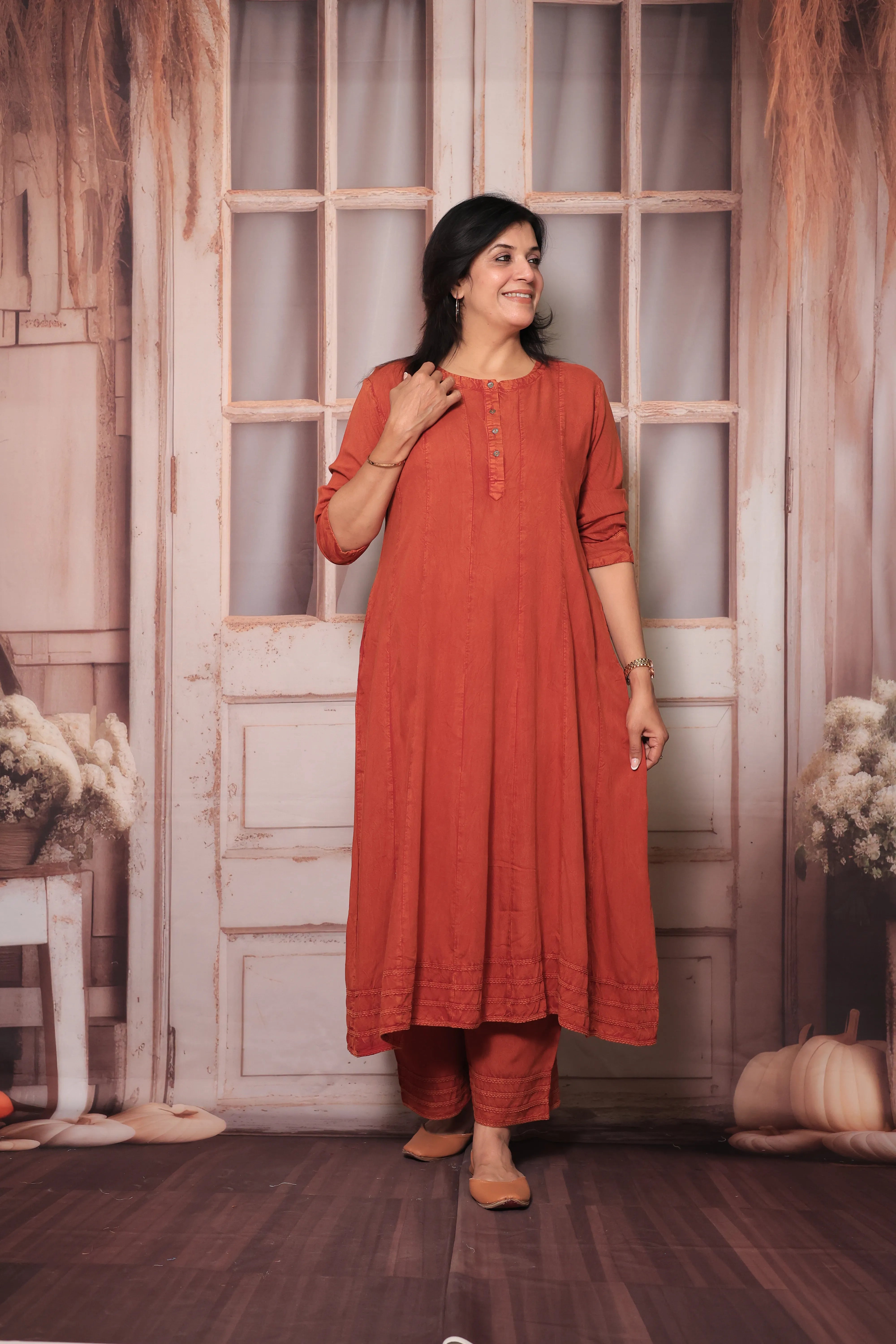 Rust Denim Long A-Line Kurta & Palazzo Co-Ord Set | Trendy Soft Denim Ethnic Wear